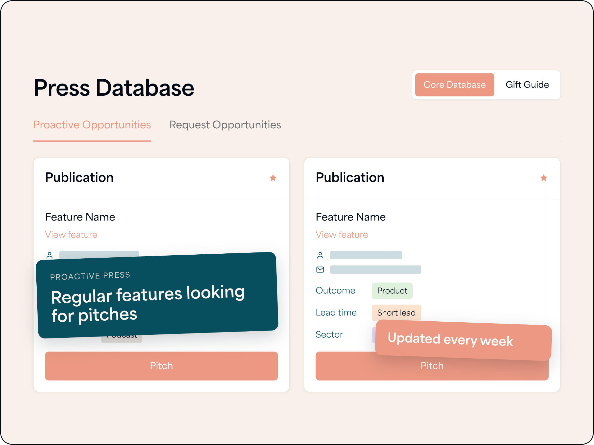 PR Dispatch press database showing proactive press opportunities, publication cards with feature details and a Pitch button, captioned "Regular features looking for pitches".
