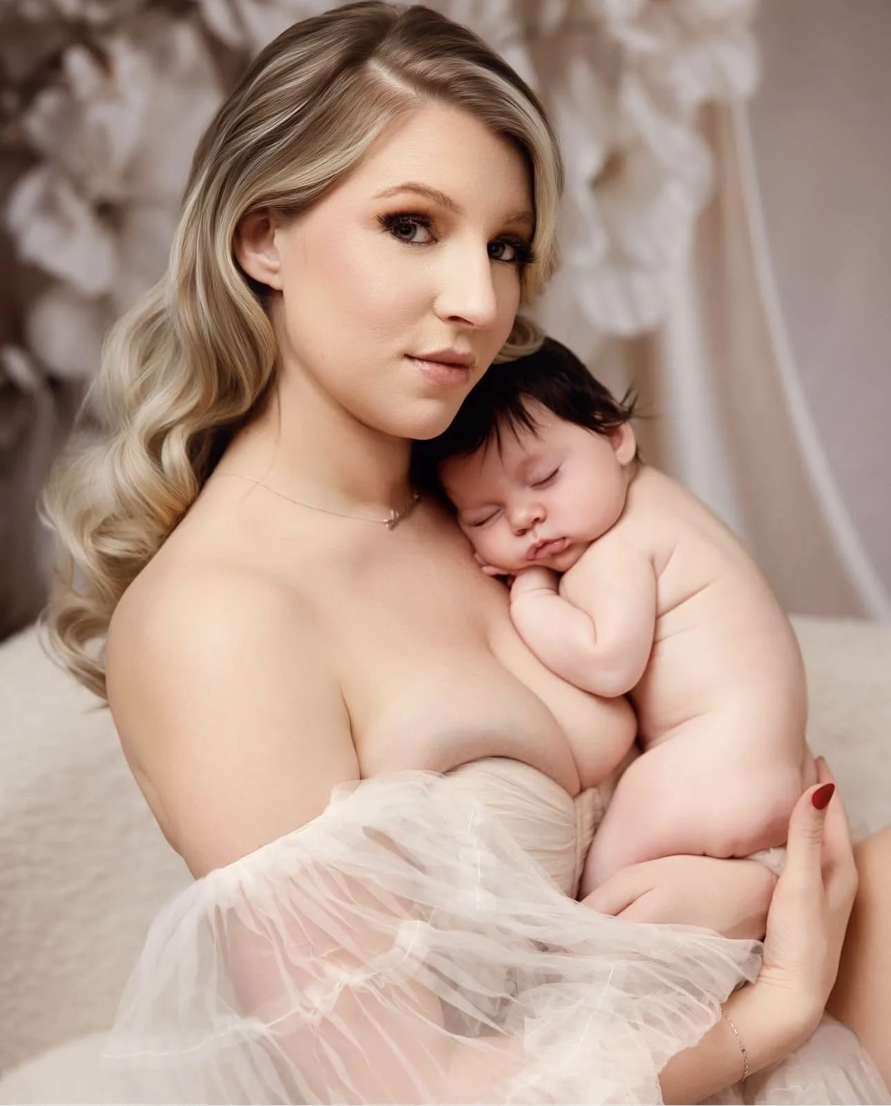 A woman with blonde wavy hair holding a sleeping baby with dark hair against her chest.