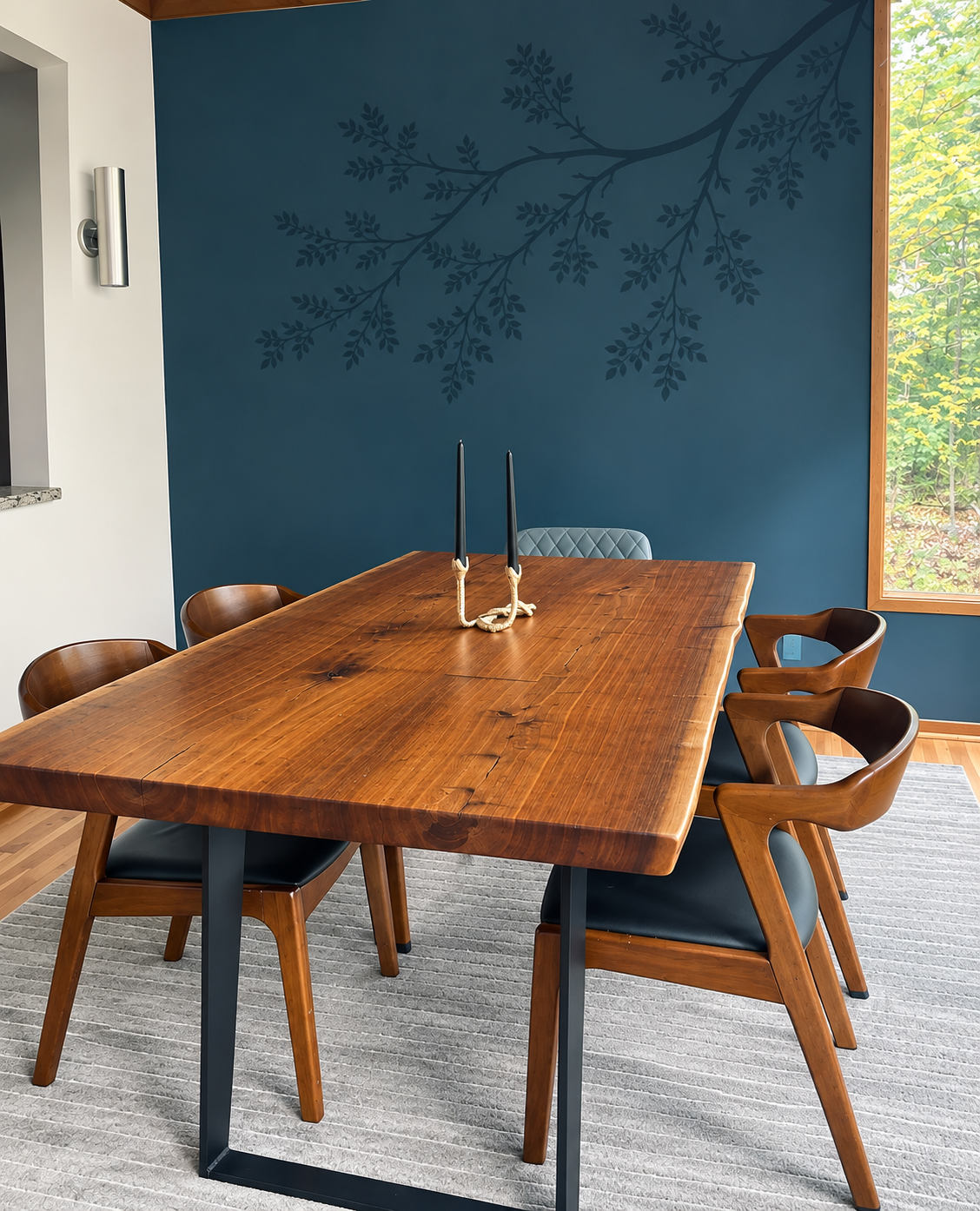 Live edge walnut slab table with tapered metal legs and matching walnut chairs with leather upholstery