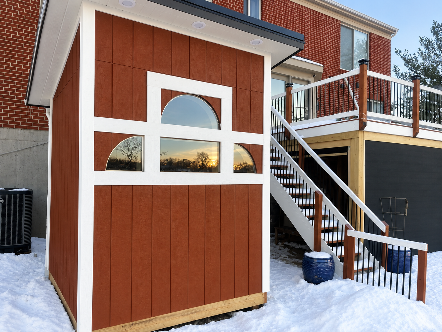 Finnish outdoor sauna with beautiful snowy landscape
