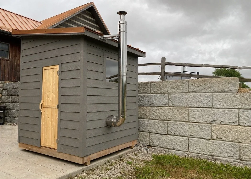 Wood-burning sauna with copper roof and Harvia heater