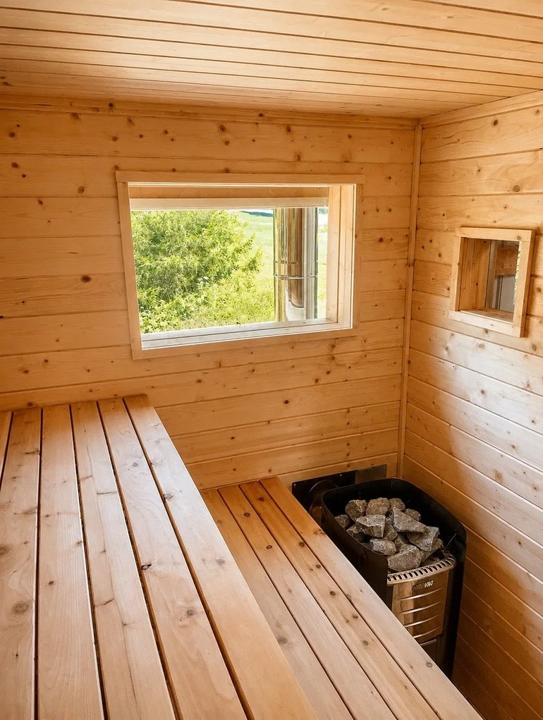 Wood-burning sauna interior with Harvia M3 heater and candle window, three levels of cedar benches