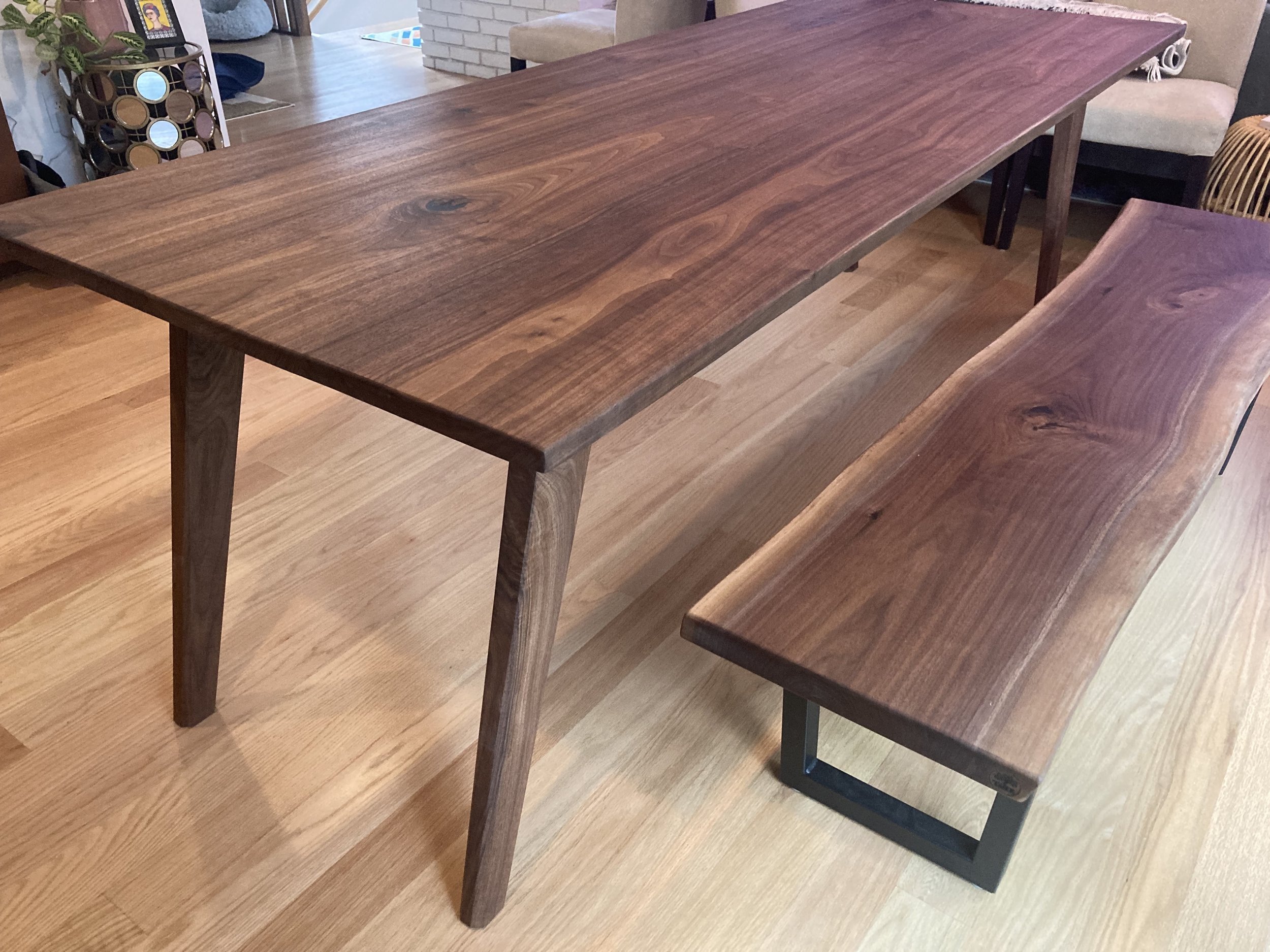 MCM black walnut table with live edge bench