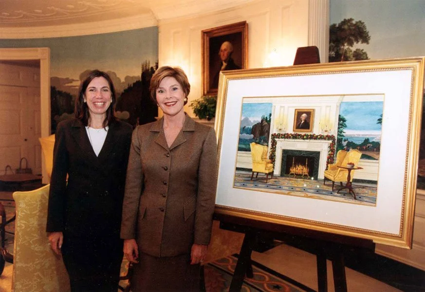 Barbara Prey with First Lady Laura Bush at The White House with her painting for the 2003 White House Christmas card