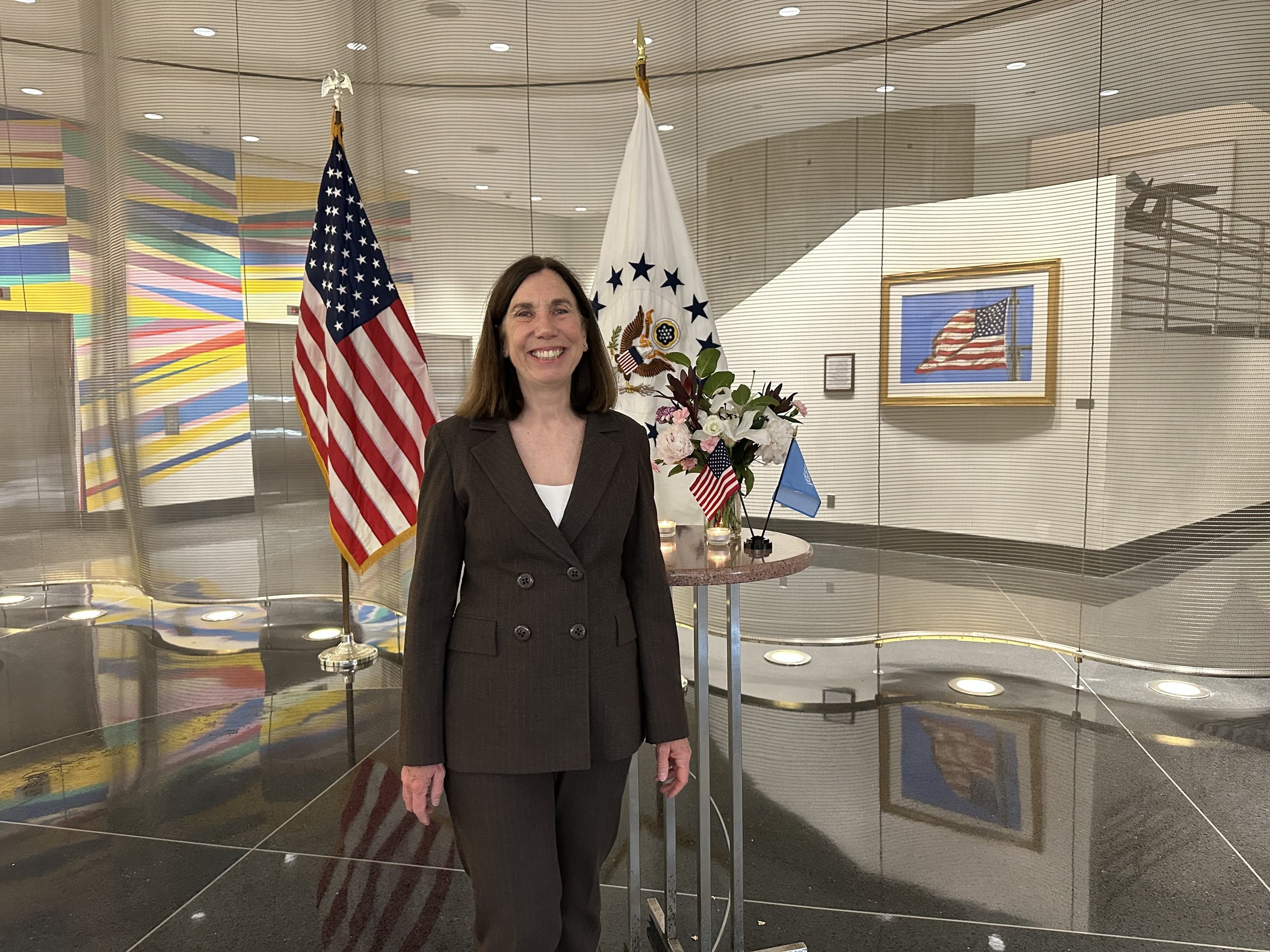 Barbara was the Guest of Honor at a farewell event at the United States Mission to the United Nations. Gallantly Streaming on exhibit in the background.