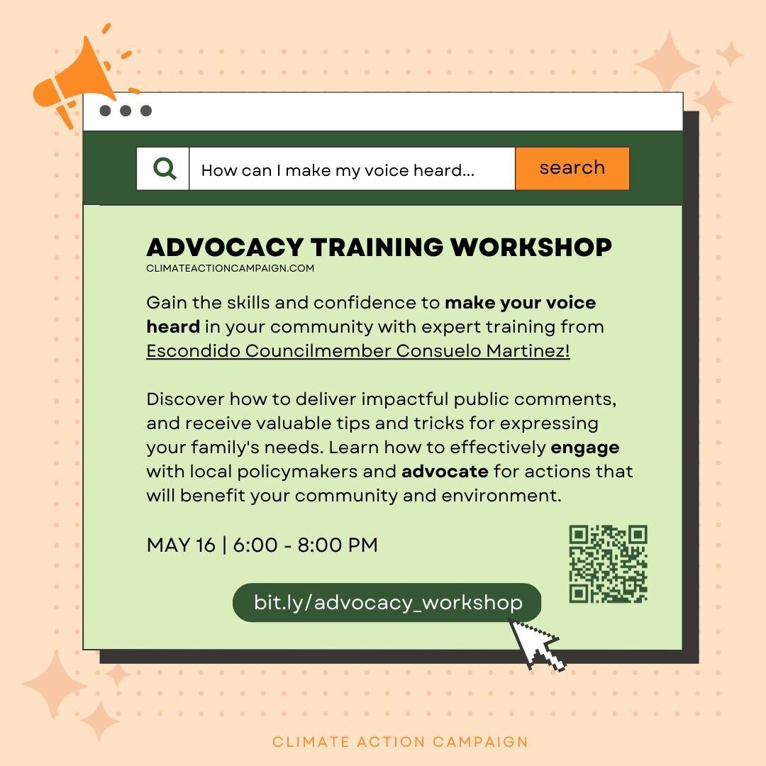 Advocacy Training Workshop TONIGHT at 6pm! Learn from @sdclimateaction, the Urban Collaborative Project, and our Advocacy &amp; Leadership Director @consuelo_d1 about the local climate advocacy process and how to give effective public comments.⁠
⁠
Pr