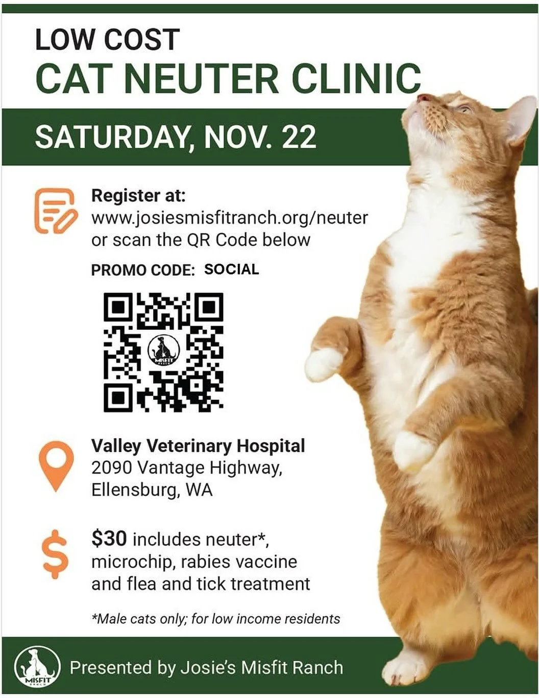 Let&rsquo;s get those dudes snipped! Find a link to apply at www.josiesmisfitranch.org or scan the QR code. Male cats only! Ferals welcome! Low income residents will be given priority.