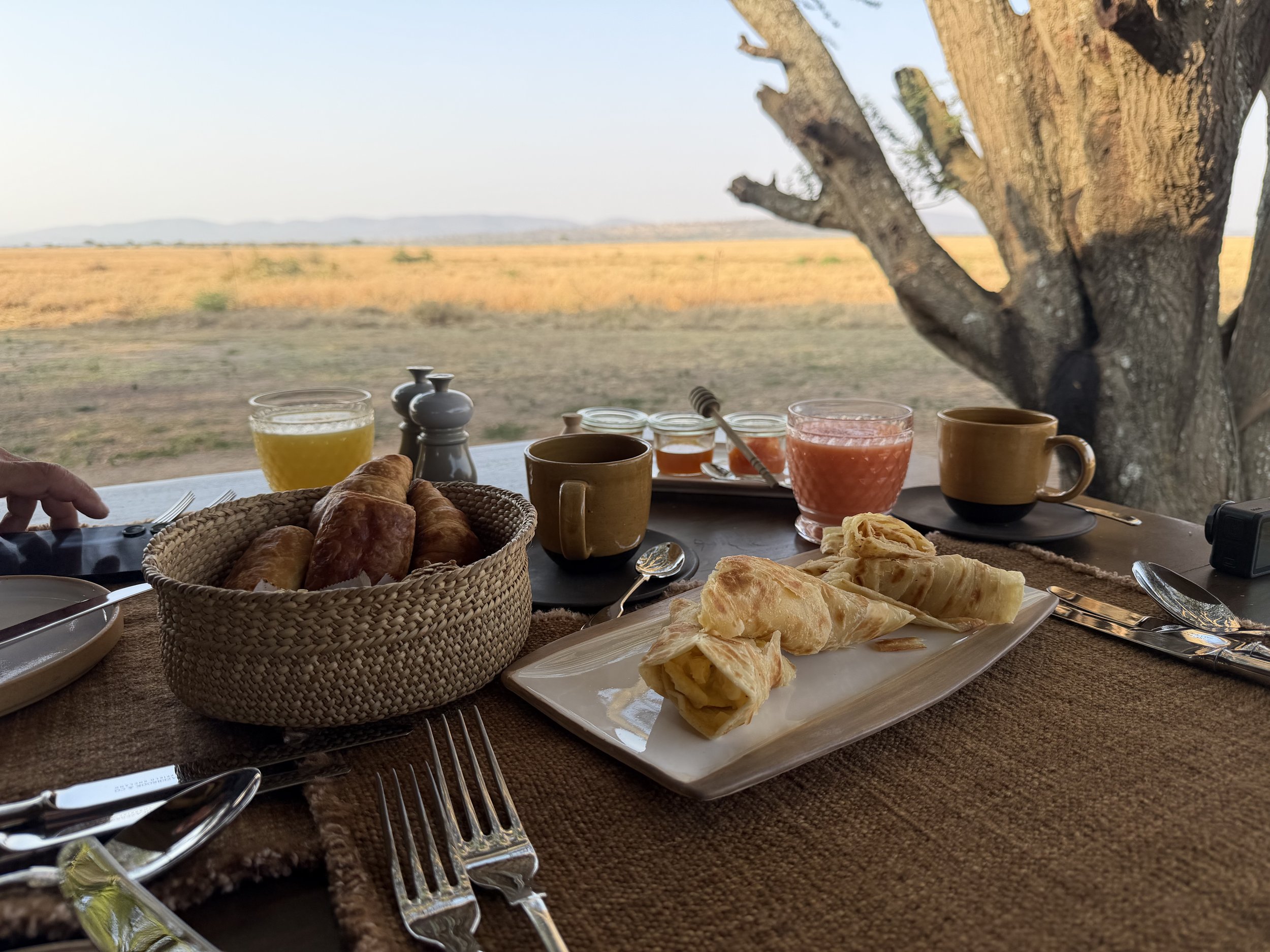 Breakfast table beside a tree overlooking the plains, with pastries, crêpes, juice and coffee