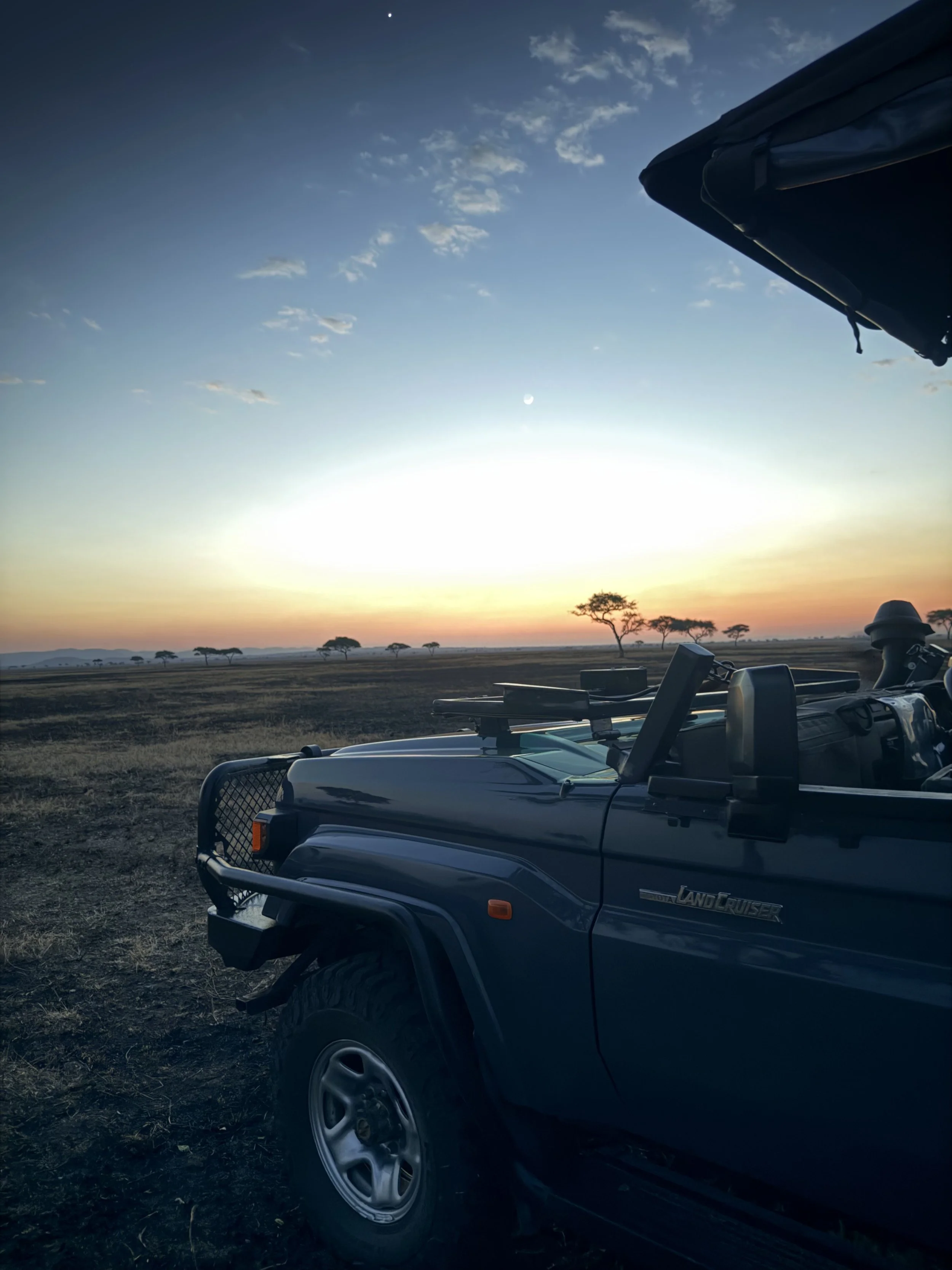 One of Mila's open-sided Land Cruiser game-drive vehicles on the Serengeti plains, with the sun low on the horizon