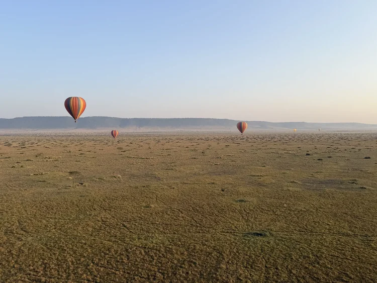 Hot-air balloons over the plains of the Mara Triangle near Wilderness Mara