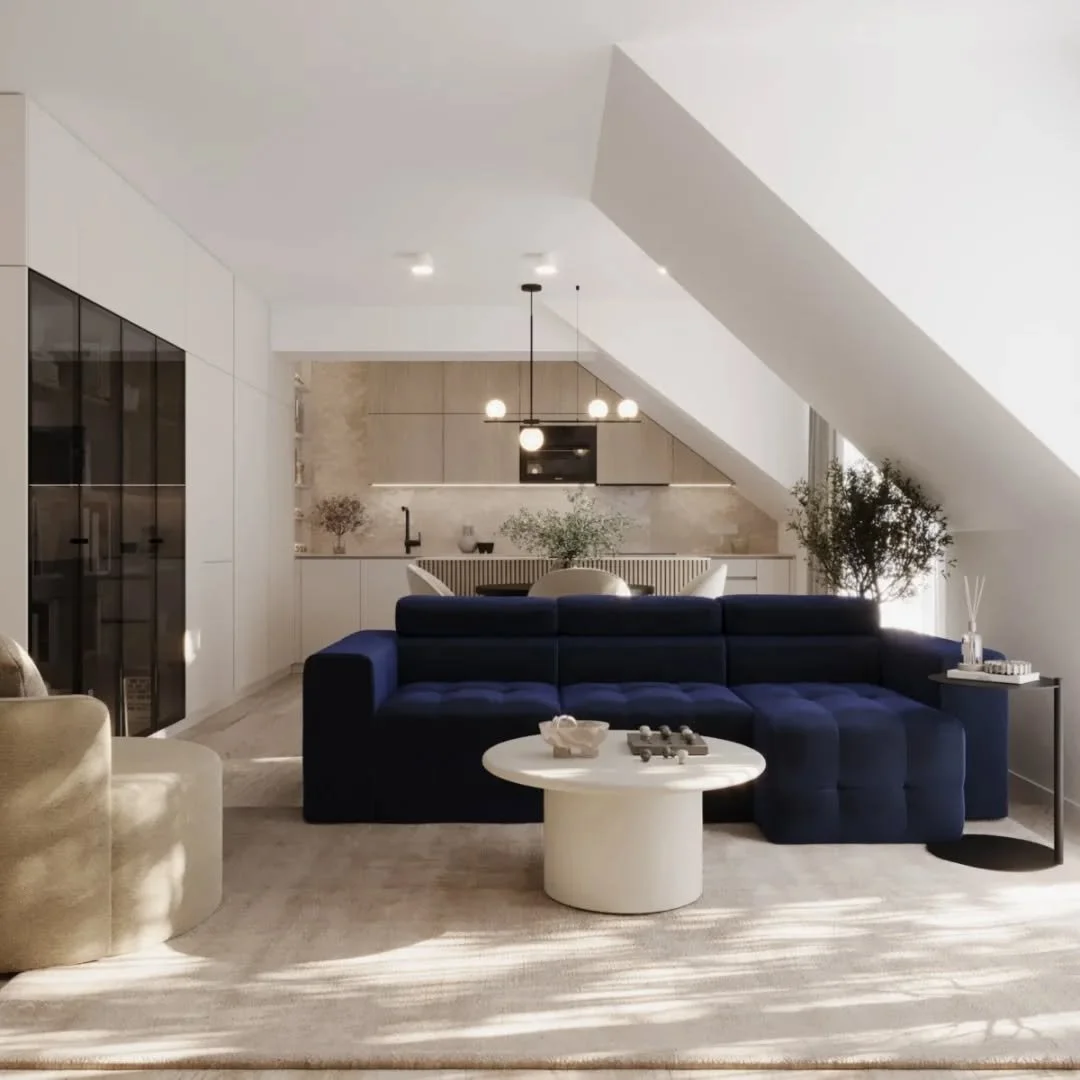 N&aacute;&scaron; nov&yacute; n&aacute;vrh interi&eacute;ru kr&aacute;sneho podkrovn&eacute;ho bytu v centre Trnavy. 💙 Hlbok&aacute; kr&aacute;ľovsk&aacute; modr&aacute; nie je len farba, je to em&oacute;cia, ktor&aacute; definuje cel&yacute; otvore