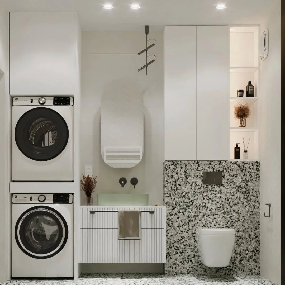 Prer&aacute;bka k&uacute;peľn&iacute;, kde sme využili každ&yacute; centimeter ☺️📏. V tomto n&aacute;vrhu sme roz&scaron;&iacute;rili p&ocirc;vodn&eacute; WC, kde sme umiestnili pr&aacute;čku so su&scaron;ičkou. V k&uacute;peľni tak ostal priestor p