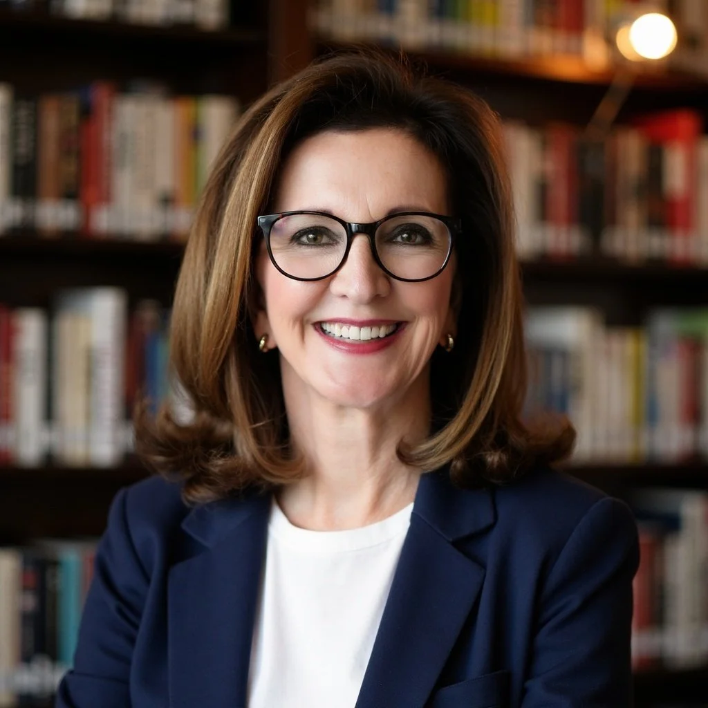 A woman with brown hair, wearing glasses, a white shirt, and a dark blazer, smiling in an indoor setting.