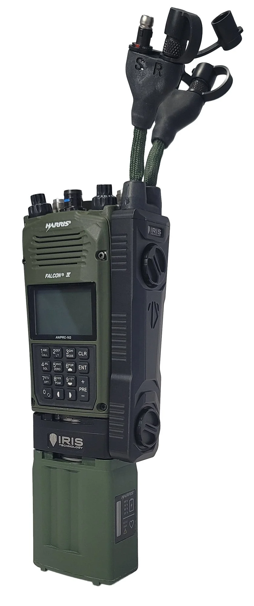 Merlin Handheld+ Radio Power and Data adapter mated to PRC-163 military radio