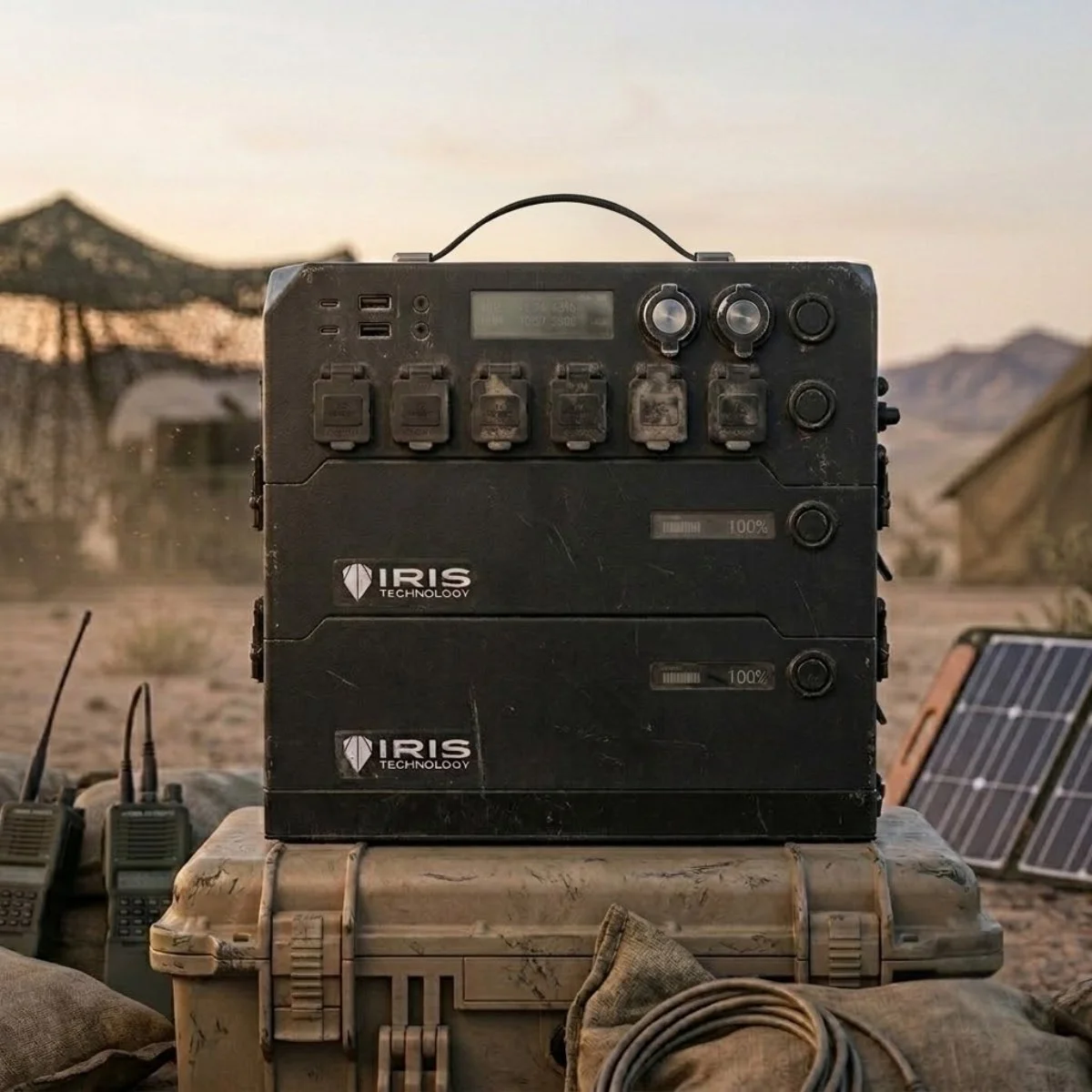 A black IRIS Technology device with various buttons and a small screen, sitting outdoors in a desert-like setting with tents and solar panels in the background.