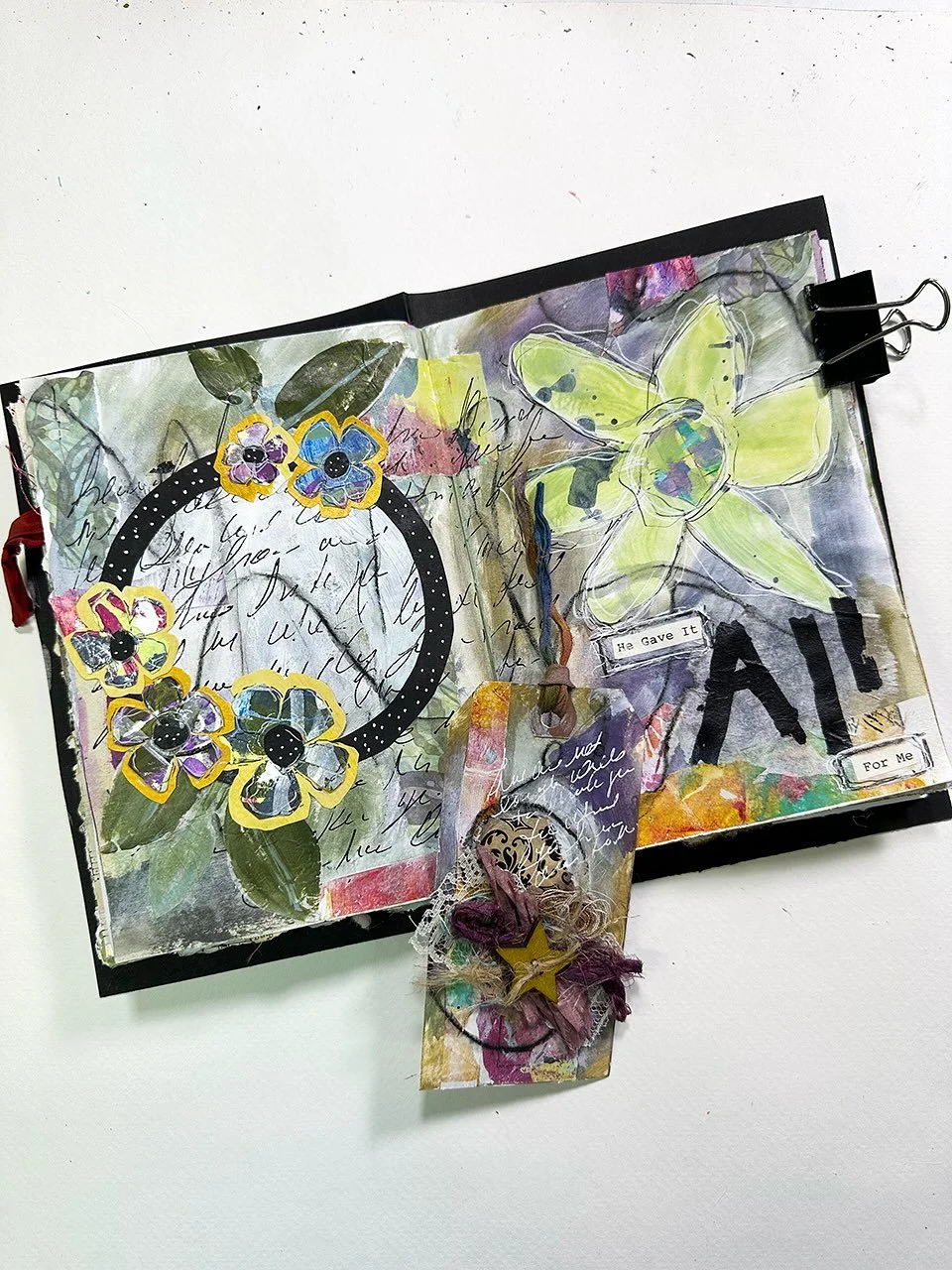 Lesson 10 in Artistic Advent with Jenna @jennaartjournal 
This is a twist on her lesson. The circle on the left was supposed to be my photo with my face cut out but my printer refused to print a color copy even though it would print other color copie