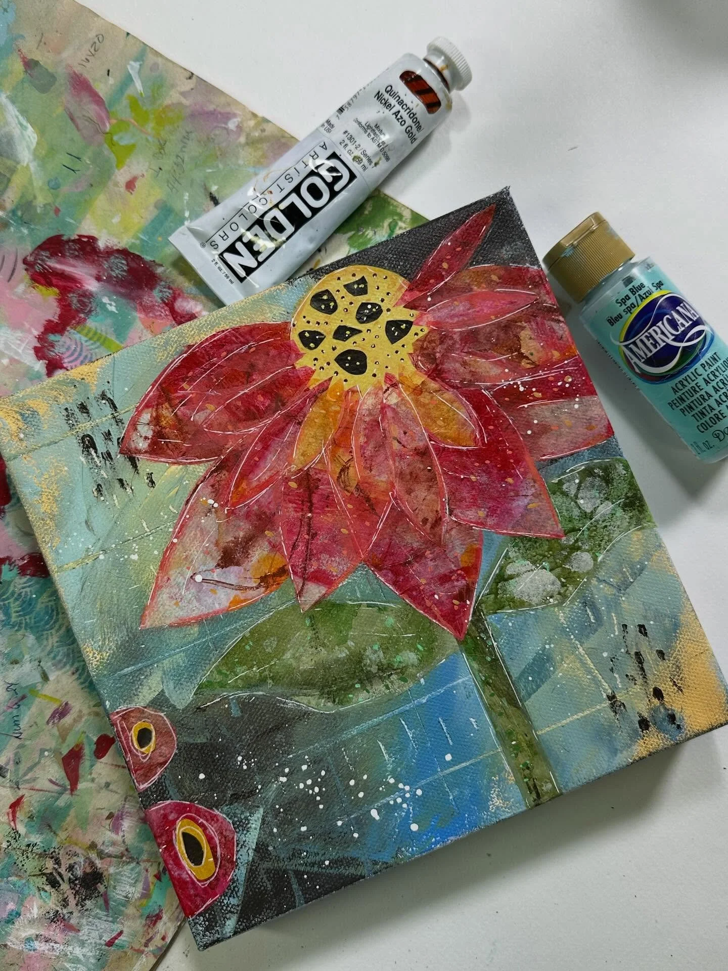 8x8 Collage Flower Canvas created with acrylic paint and papers I painted then tore into shapes. 

#mixedmediaart #mixedmediaartcanvas #flowercollagecanvas #8x8collageart #laurierichardsonhaleyart