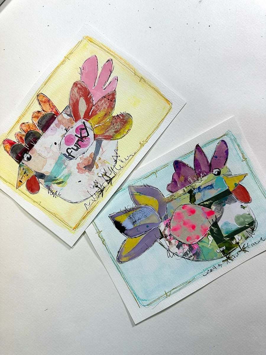 Practice Chicken 3 &amp; 4 created with scraps, markers, pencil &amp; Woody Stabilo Pencils. The one I thought I would like least (the yellow one) turned out to be my favorite so far. So fun!

#mixedmediafunkychicken #useyourscraps #mixedmediaart #fu