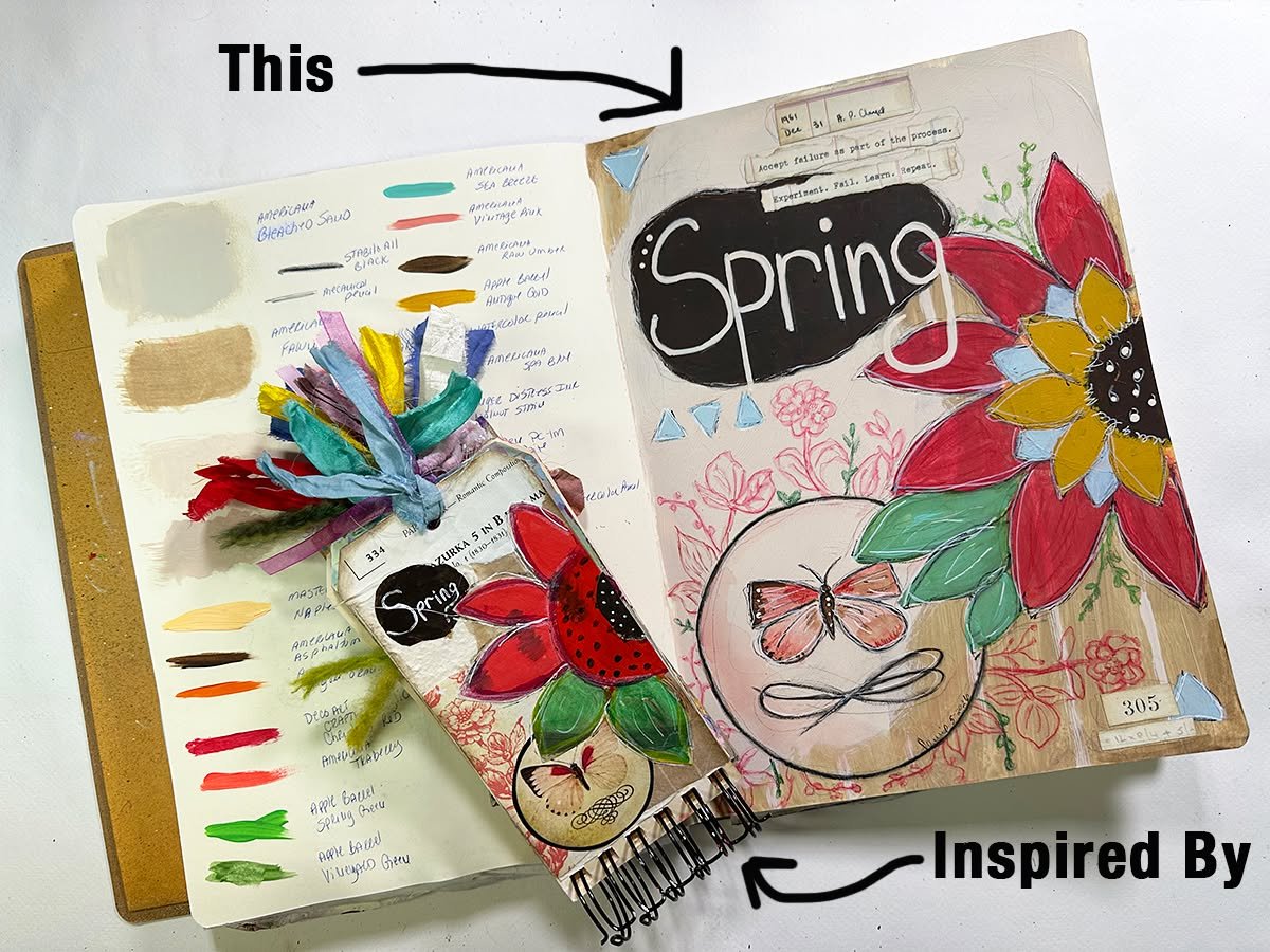"Spring" Art journal page inspired by the little journal page in my tag book. The tag book page was created with scraps and a little paint. The large journal page was created with paint, pencils and markers.

#mixedmediaart #mixedmediaartjo