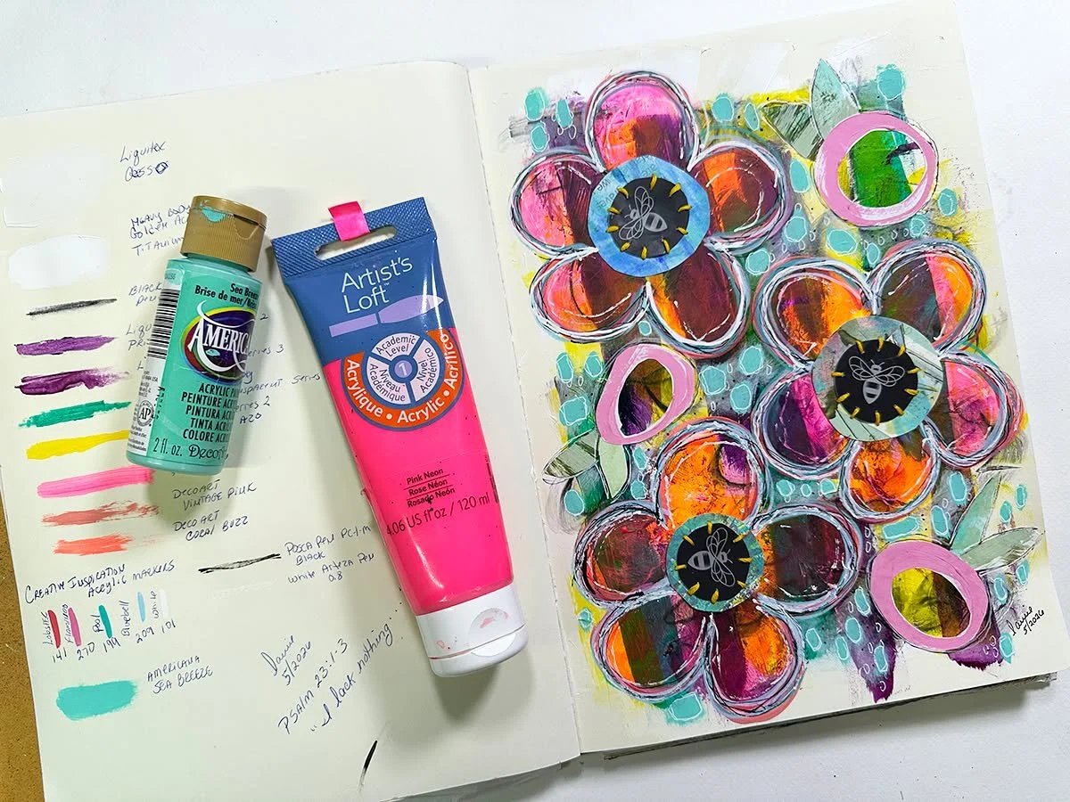 "I Lack Nothing - Psalms 23:1-3" Layers and layers of acrylic paint, acrylic markers, stabilo all pencil and scraps.

#mixedmediaart #mixedmediaartjournaling #useyourscraps #artjournalpage #laurierichardsonhaleyart
