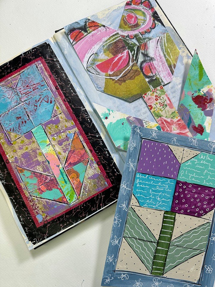 Abandoned project.  I'm sure you can relate.  I drew up a quilt design pattern of a tulip in various sizes and played around with different ways to make them. One is painted, not done by any means, the other two are made with scraps. One version is l