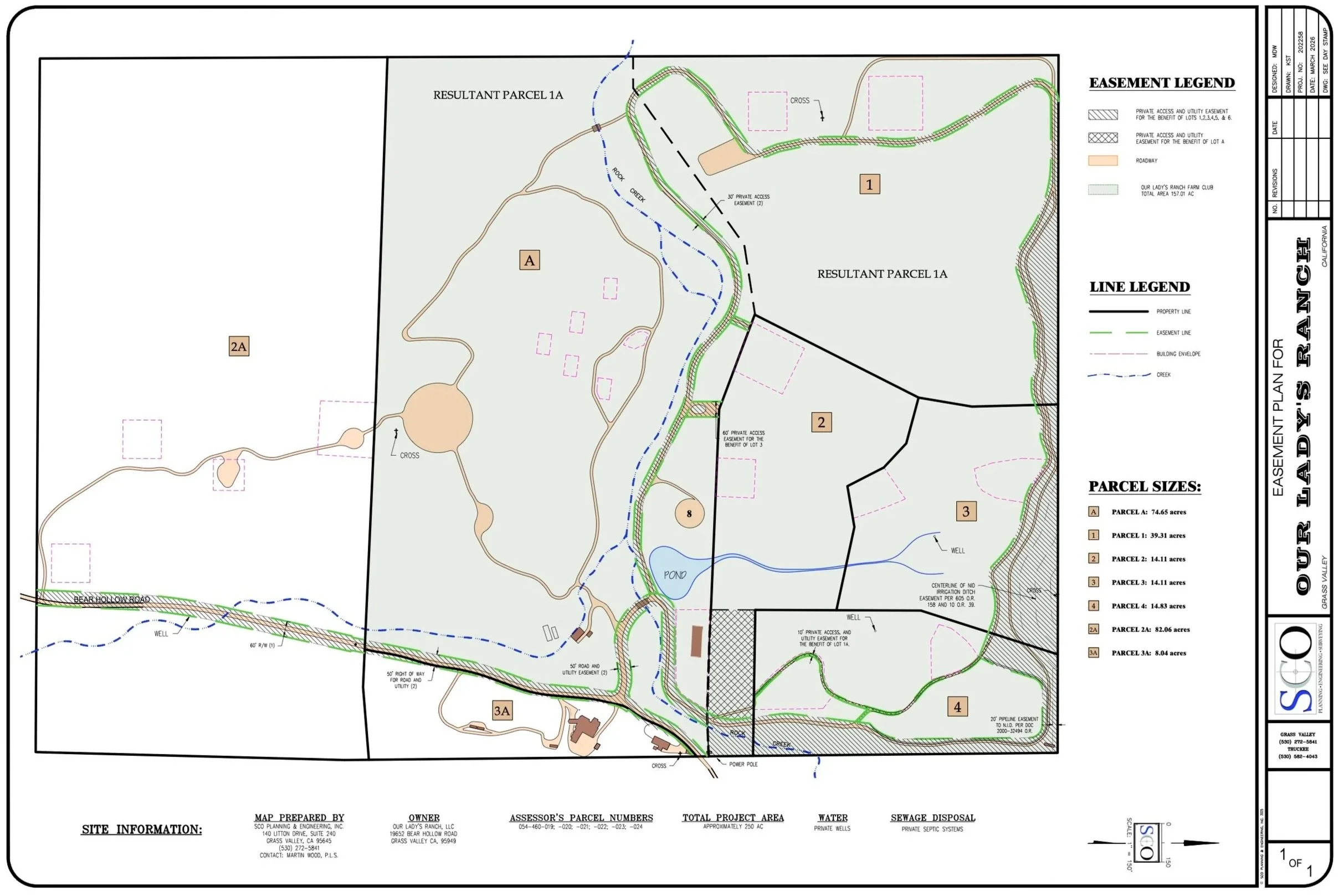 A detailed land survey or subdivision map showing parcels, roads, easements, creeks, ponds, wells, and various property lines with labels and a legend explaining common roadways and walking paths accessible to everyone who lives on the property.