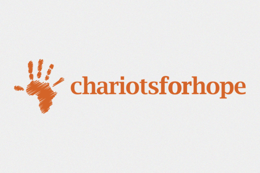 Logo with an orange handprint and the words 'chariotsforhope' written beside it.
