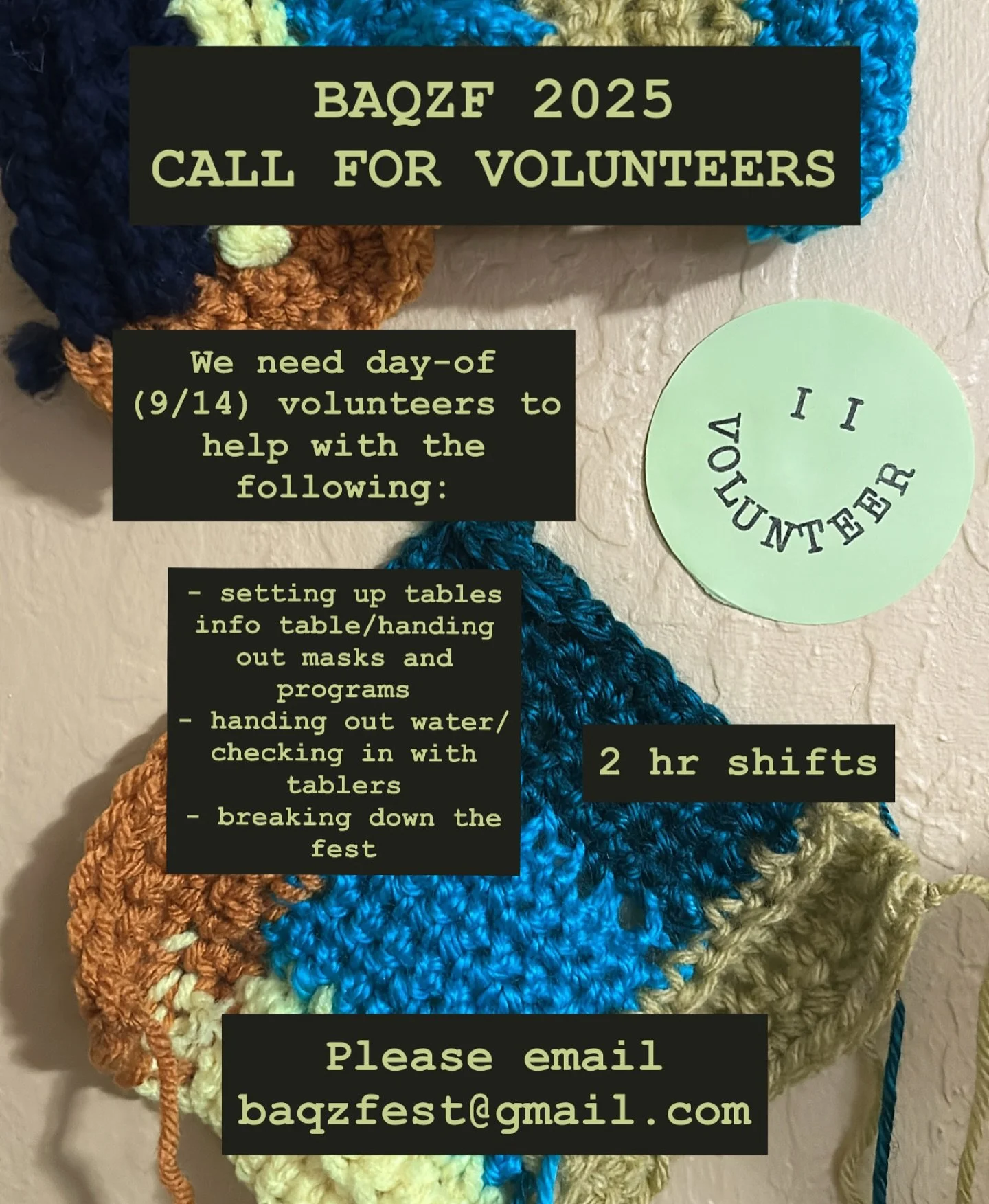 Will you answer the call and wear the lime green button? 🤔 
BAQZF is seeking volunteers for day-of operations @oaklandasiancc, including setting up the fest, working the info table/handing out masks and programs, offering water and breaks to tablers