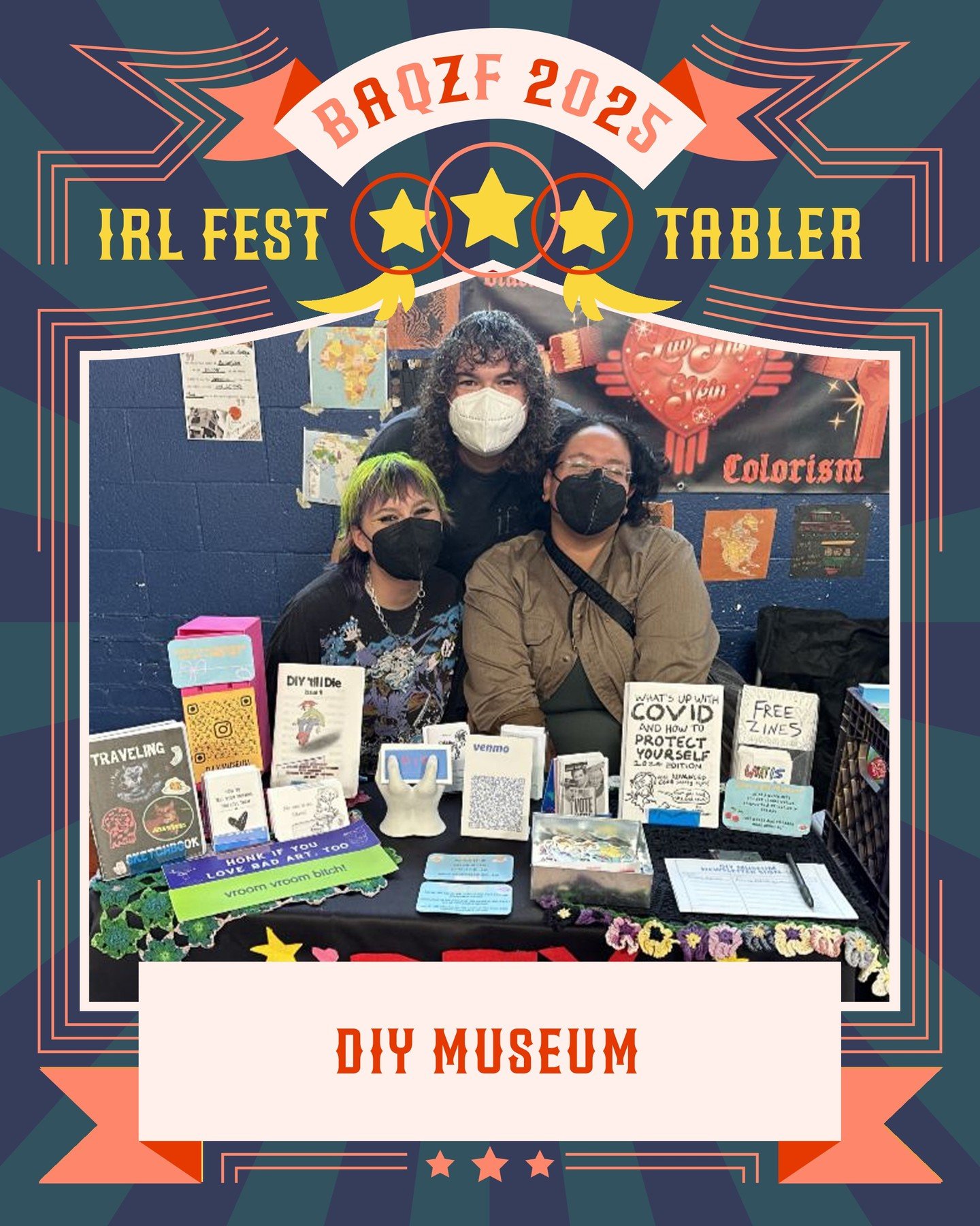 🎪 🎈 BAQZF IRL TABLER SPOTLIGHTS PT. 2 🎈🎪
Here are some of the fantastic queer zinesters and comics artists who will be at our MASKS REQUIRED irl portion of #baqzf2025:
@d.i.y.museum 
@dulcezines
FLUFFY GEM (@ amyah_animates &amp; @dyhuynh)
@godof