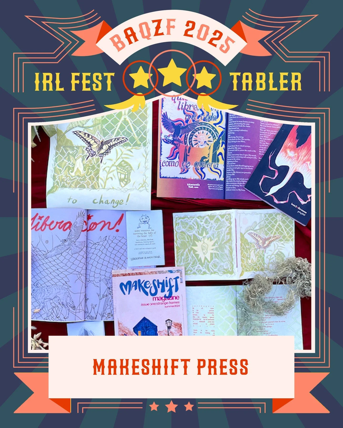 🎪 🎈 BAQZF IRL TABLER SPOTLIGHTS PT. 4 🎈🎪
Here are some of the fantastic queer zinesters and comics artists who will be at our MASKS REQUIRED irl portion of #baqzf2025:
@makeshift.press
@_maralane 
@martinamonster.art
@mestizamakes
@micronsized 

