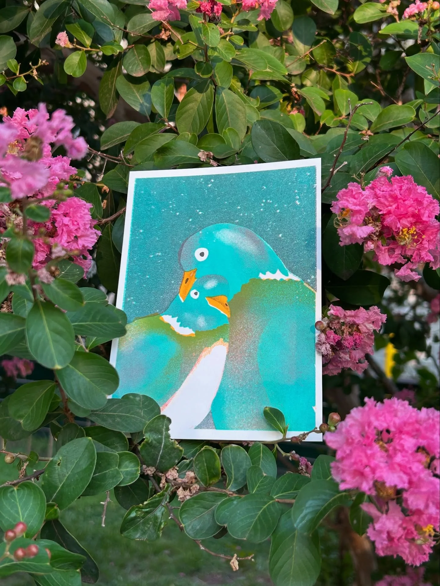 🐦 COWBOY PRINT CLUB: AUGUST 🐦

This risograph print was inspired by a photograph of two pigeons by Ernesto Orellana &hearts;️

Printed in mint, coral, sunflower and black vegetable based inks, this 5x7 riso is a love letter to the smart, sweet bird