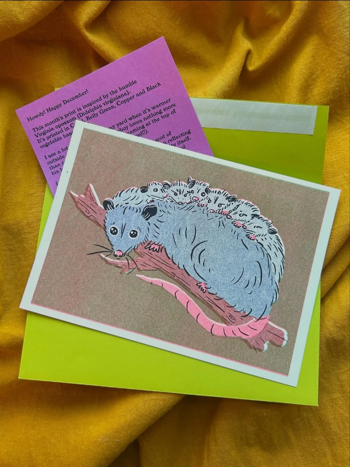 December Cowboy Print Club is hot and ready for ya!!! 

Mama opossum and her babies risograph printed in coral, copper, kelly green and black vegetable based inks! Join the club and get this month&rsquo;s print sent to your door (AND last month&rsquo