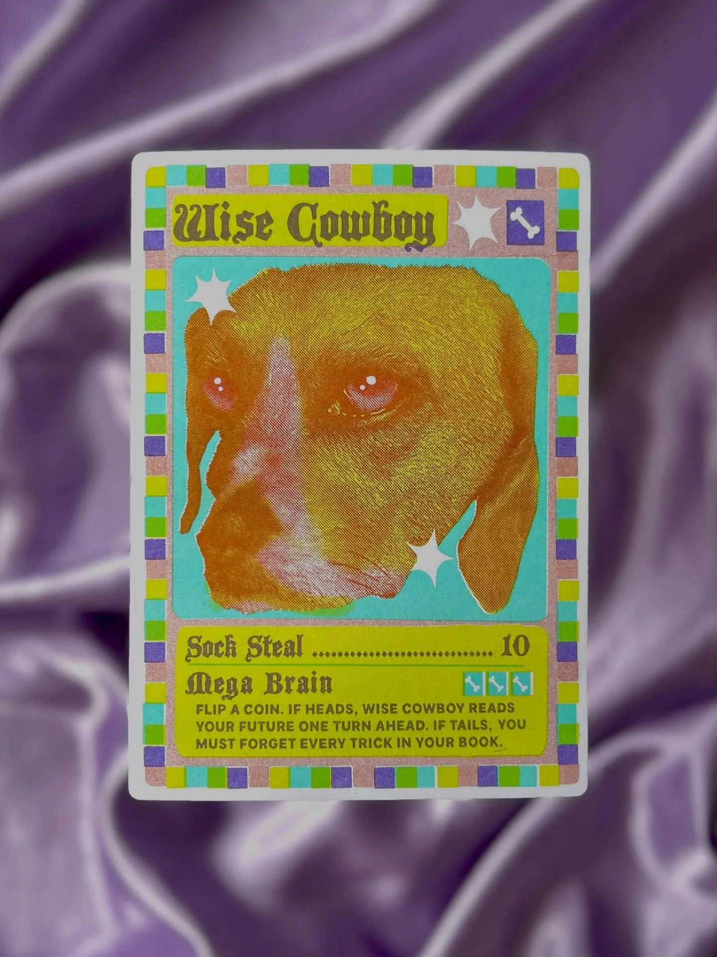 Wise Cowboy 🔮 Keep him in your deck for Mega Brain protection and mischievous vibes 

Risograph printed in Copper, Violet, Mint and Light Lime vegetable based inks 🌱 Maybe my favorite recent color combo and print??? 

🪄 Avail only thru Cowboy Prin