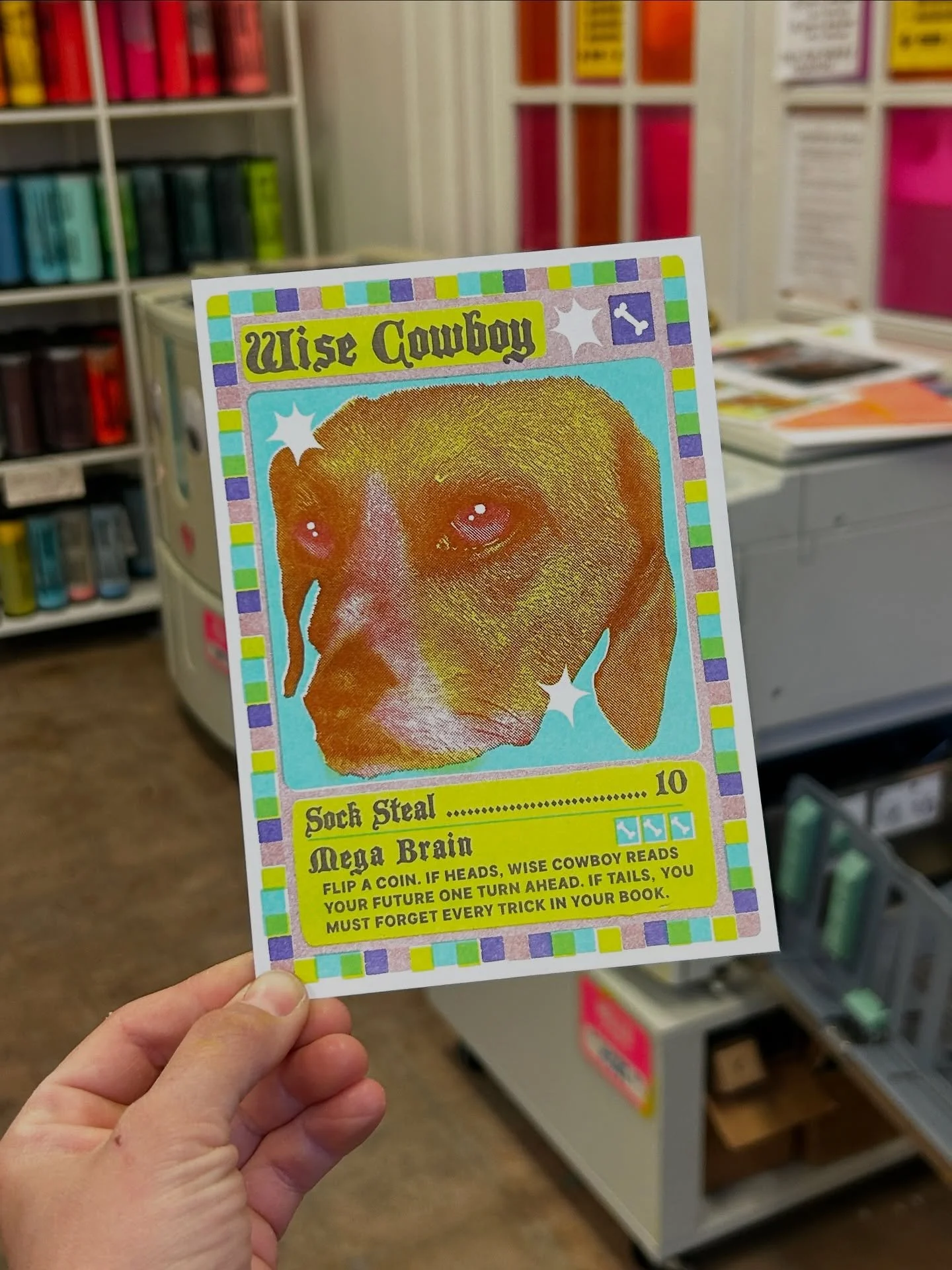 JANUARY COWBOY PRINT CLUB! ⚔️ 

inspired by pok&eacute;mon and magic cards, Cowboy gets a makeover as a wise mythical dude who stands tall in your deck ❇️

risograph printed in mint, copper, light lime and violet! i woke up at 3am, wrote down this in