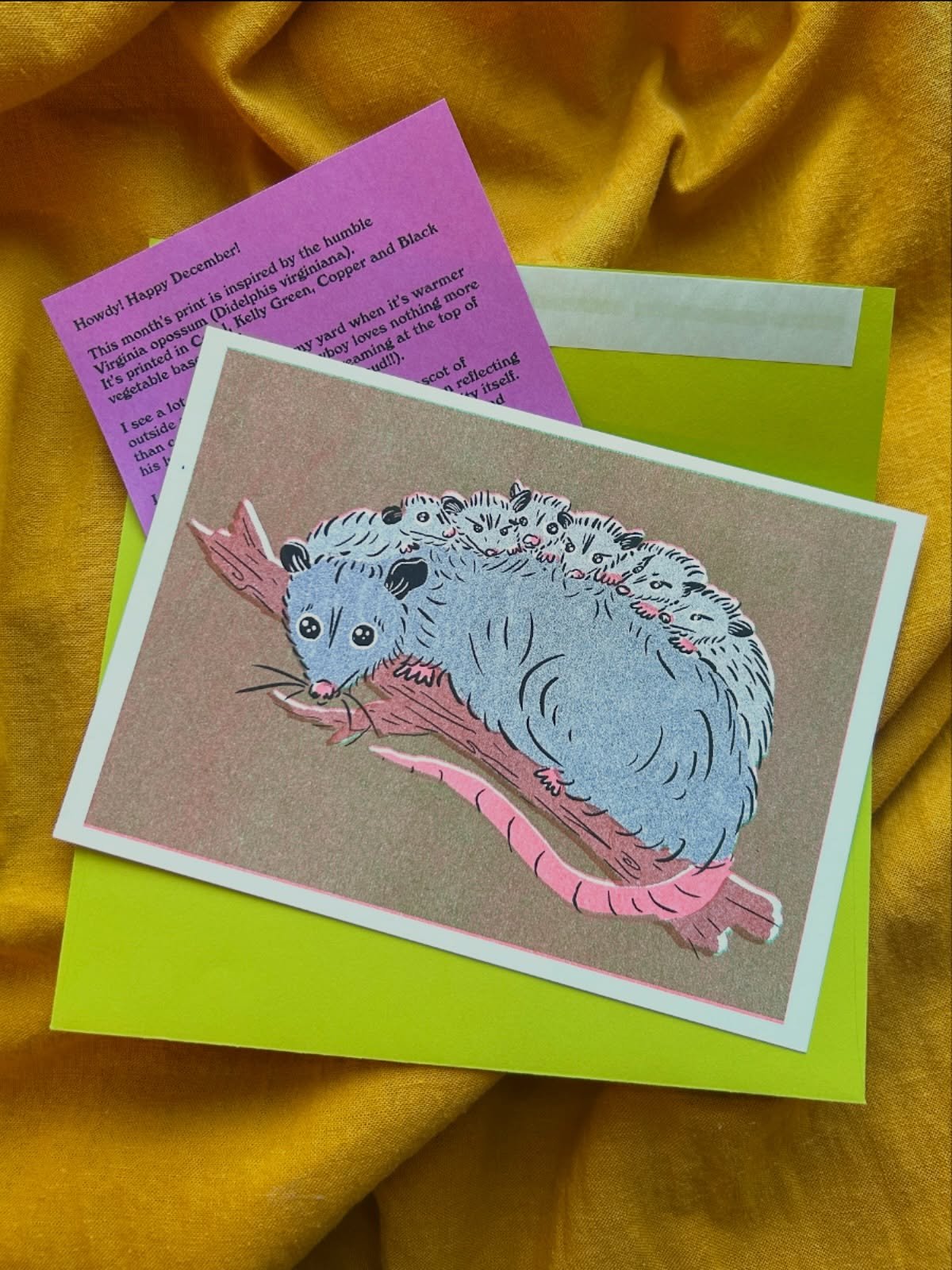 December Cowboy Print Club is hot and ready for ya!!! 

Mama opossum and her babies risograph printed in coral, copper, kelly green and black vegetable based inks! Join the club and get this month&rsquo;s print sent to your door (AND last month&rsquo