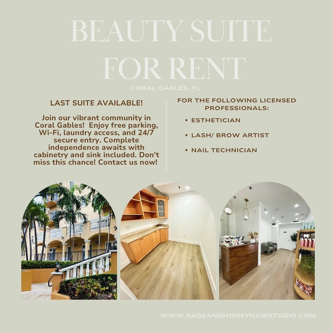 🌟 Beauty Suite for Rent! 🌟

Looking for the perfect space to elevate your beauty business? Look no further! Our last available beauty suite in the heart of Coral Gables is ready for you to make it your own!

Features:
📍 Centrally located in Coral 