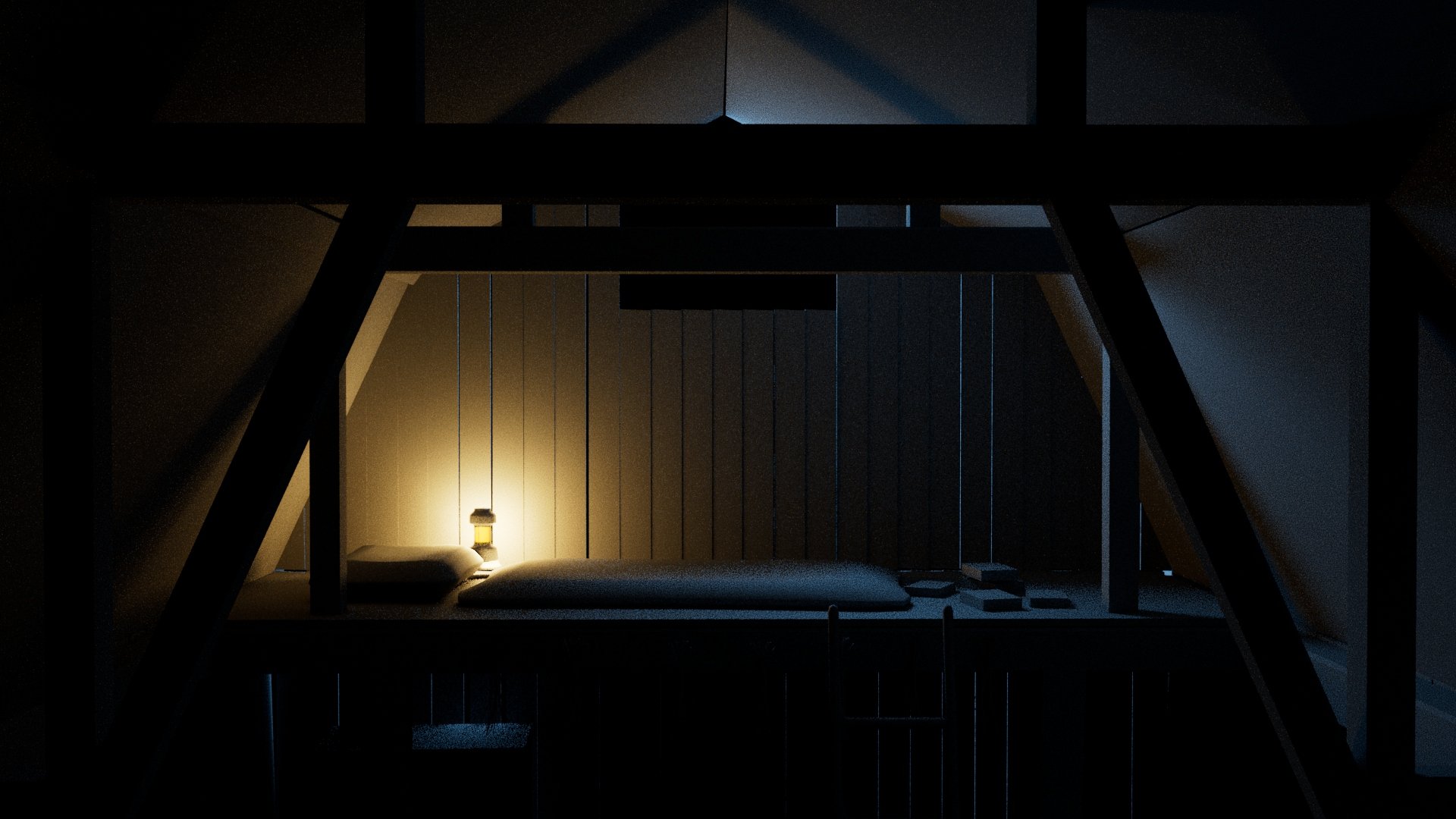 A young runaway turns a neglected barn off of I-5 into a cozy, if shabby, haven. The interior scenes were initially modeled in Maya, and then painted over in Photoshop.