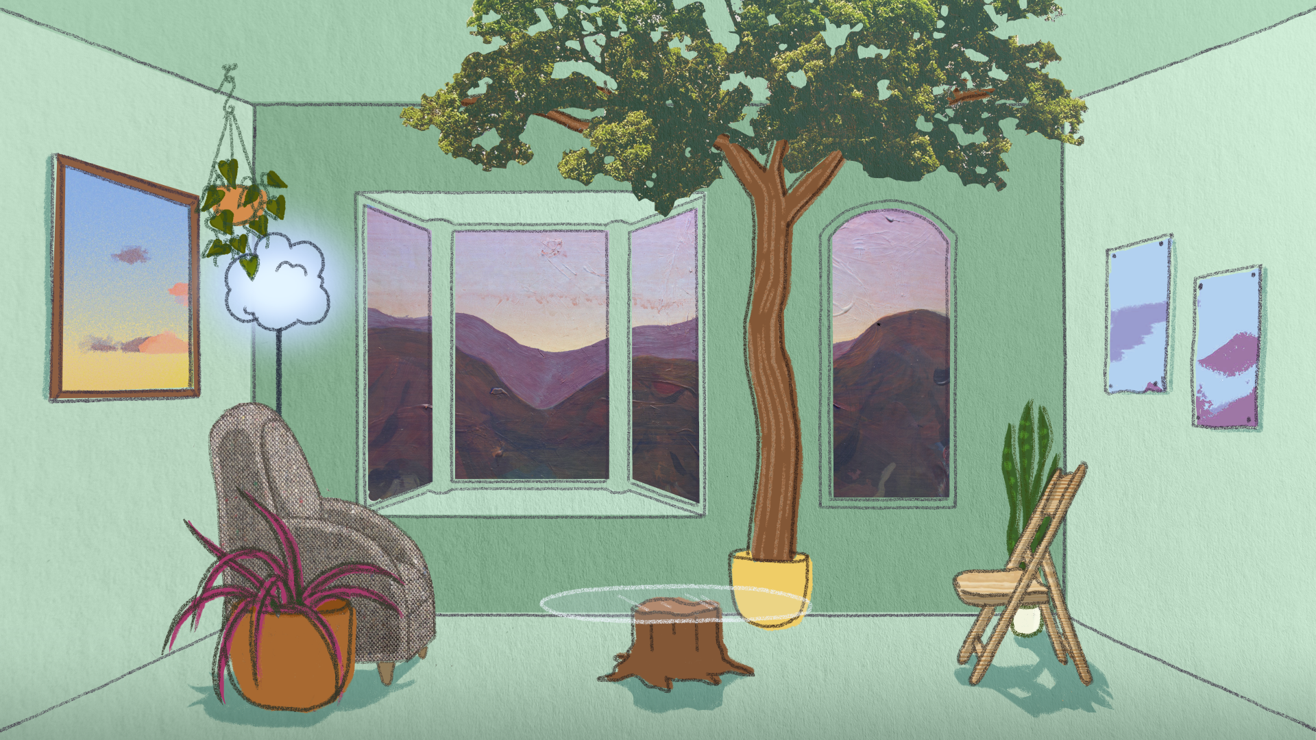 From a recently completed student film called Baby Teeth. A young woman checks in with herself around the state of her mental health. The conversation takes place in her head, illustrated here as a therapy room that becomes increasingly chaotic as te