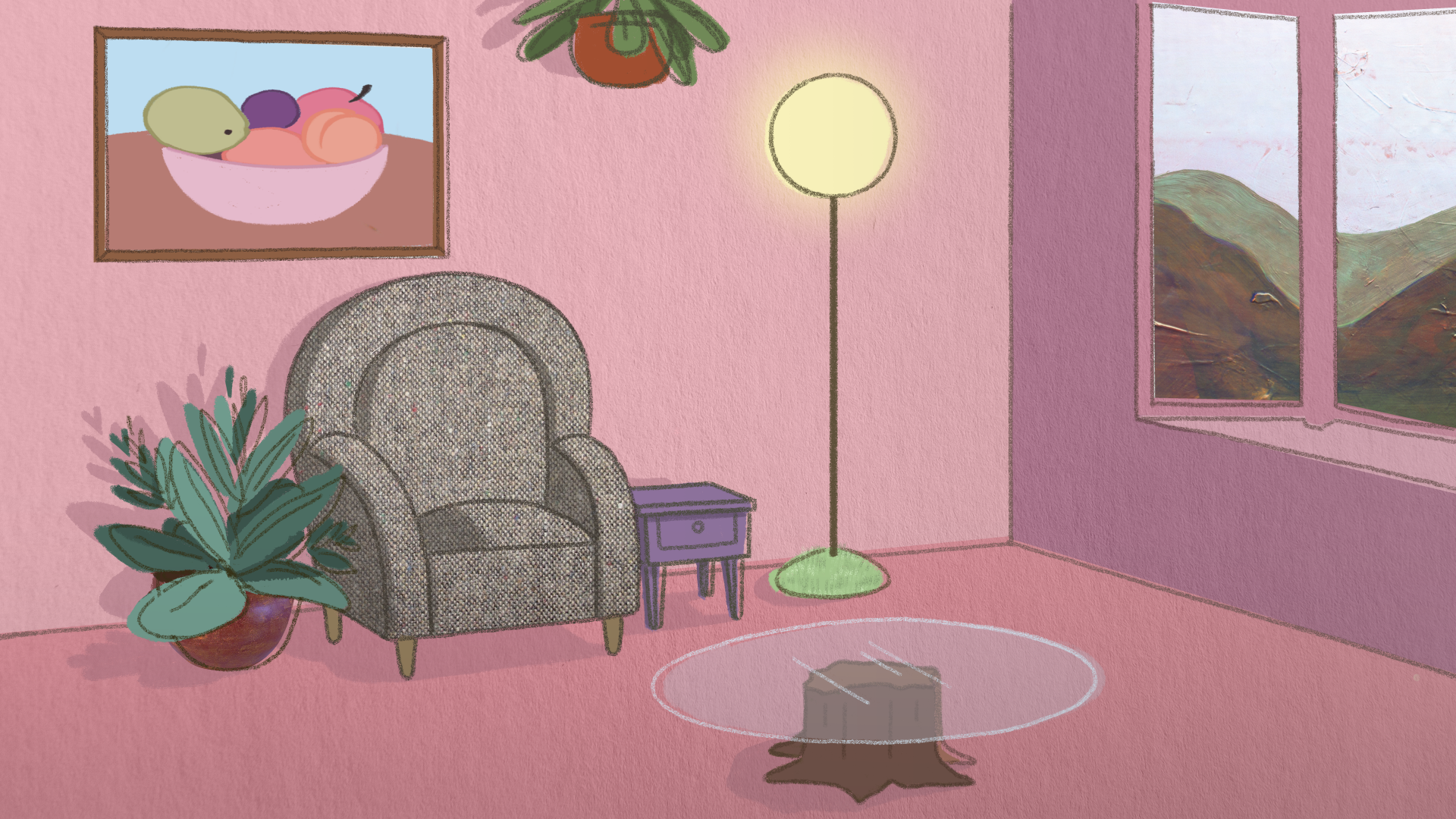 From a recently completed student film called Baby Teeth. A young woman checks in with herself around the state of her mental health. The conversation takes place in her head, illustrated here as a therapy room that becomes increasingly chaotic as te
