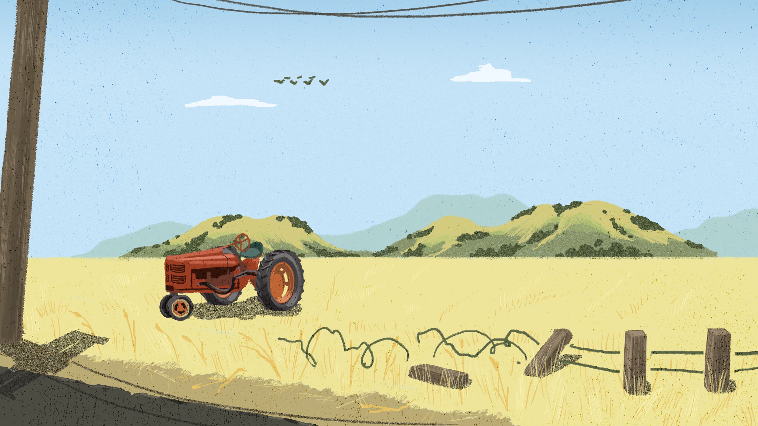 A young runaway turns a neglected barn off of I-5 into a cozy, if shabby, haven. The interior scenes were initially modeled in Maya, and then painted over in Photoshop.