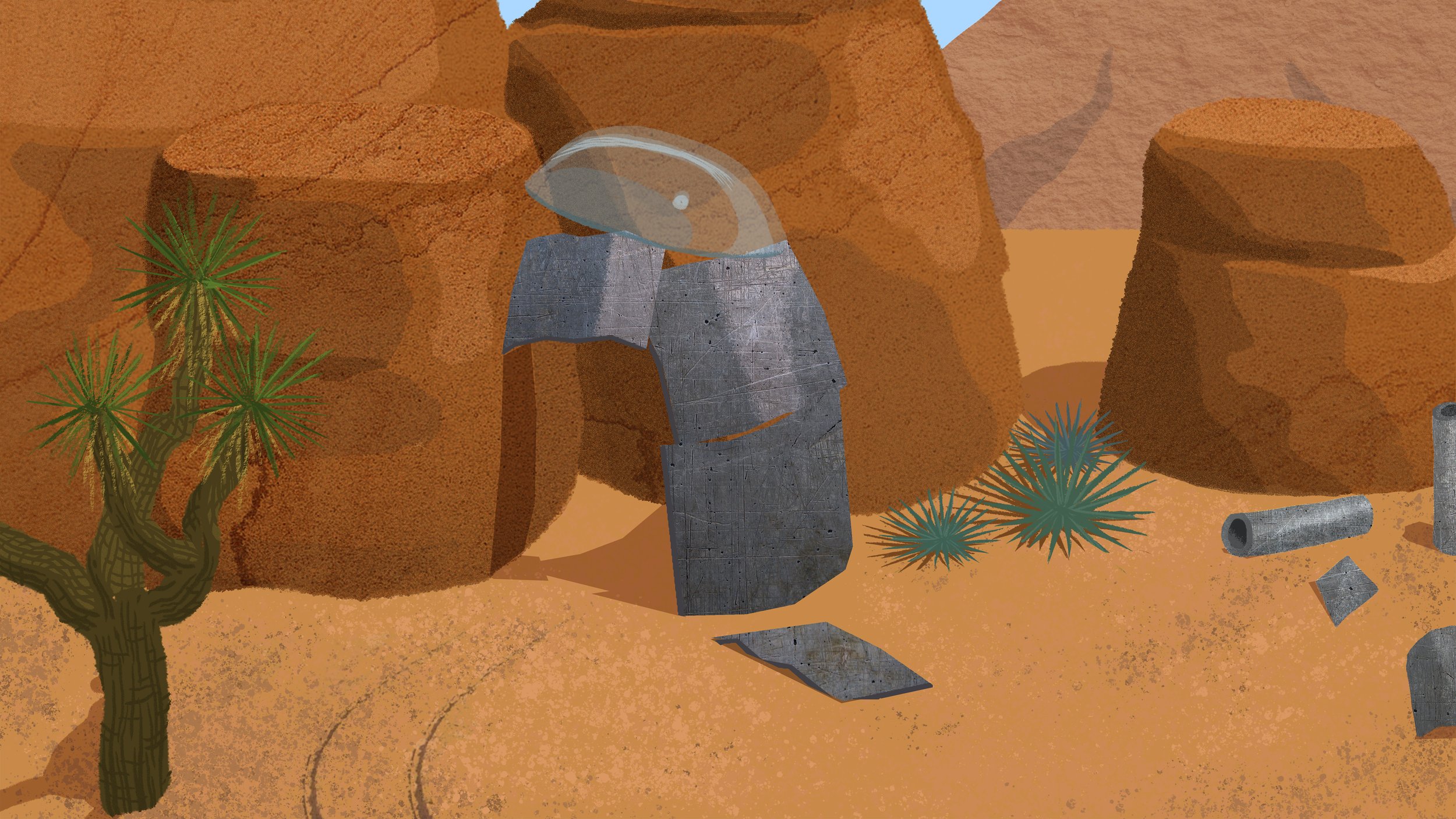 A welding robot escapes from Yuma Proving Ground into the rugged Arizona desert. With its newfound freedom, it creates elegant metal sculptures out of rubble from downed UFO's. The environment was first modeled in Maya, then painted over in Photoshop