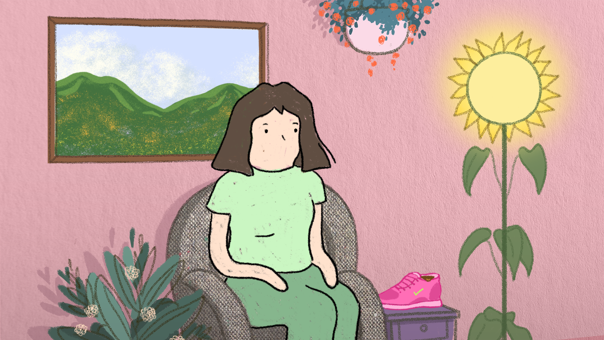 From a recently completed student film called Baby Teeth. A young woman checks in with herself around the state of her mental health. The conversation takes place in her head, illustrated here as a therapy room that becomes increasingly chaotic as te