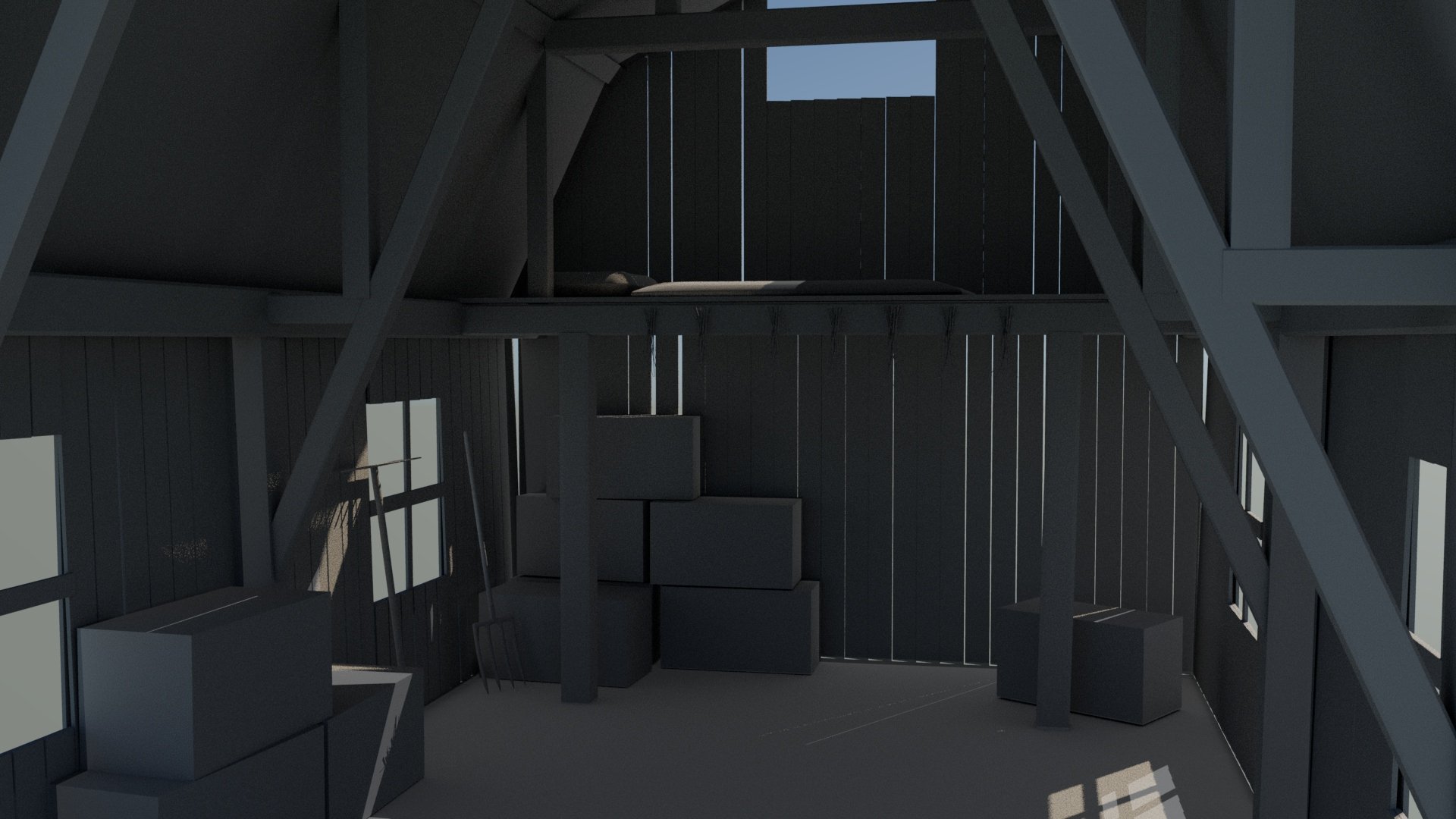 A young runaway turns a neglected barn off of I-5 into a cozy, if shabby, haven. The interior scenes were initially modeled in Maya, and then painted over in Photoshop.