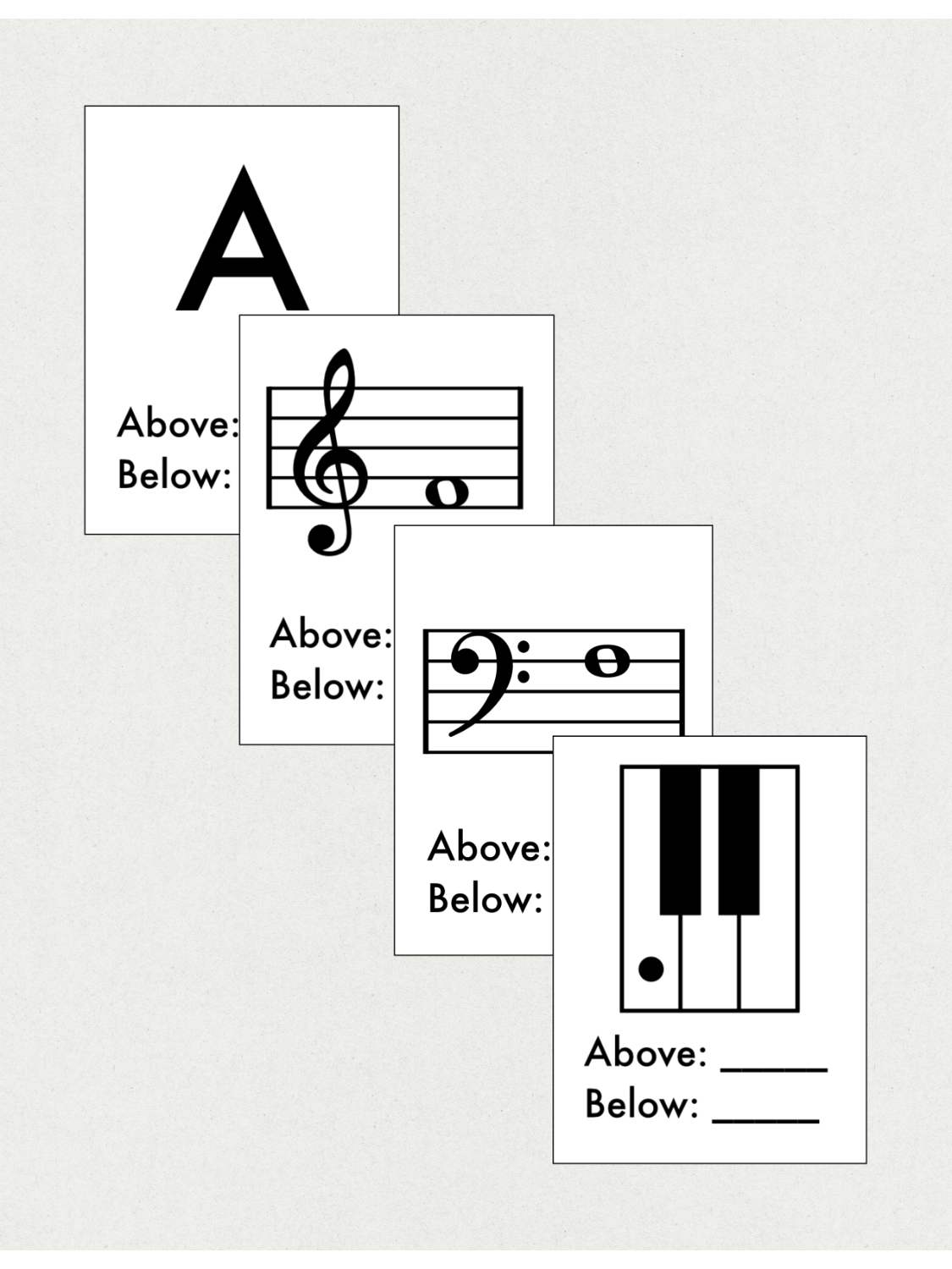 Set of music notation flashcards on a white background.