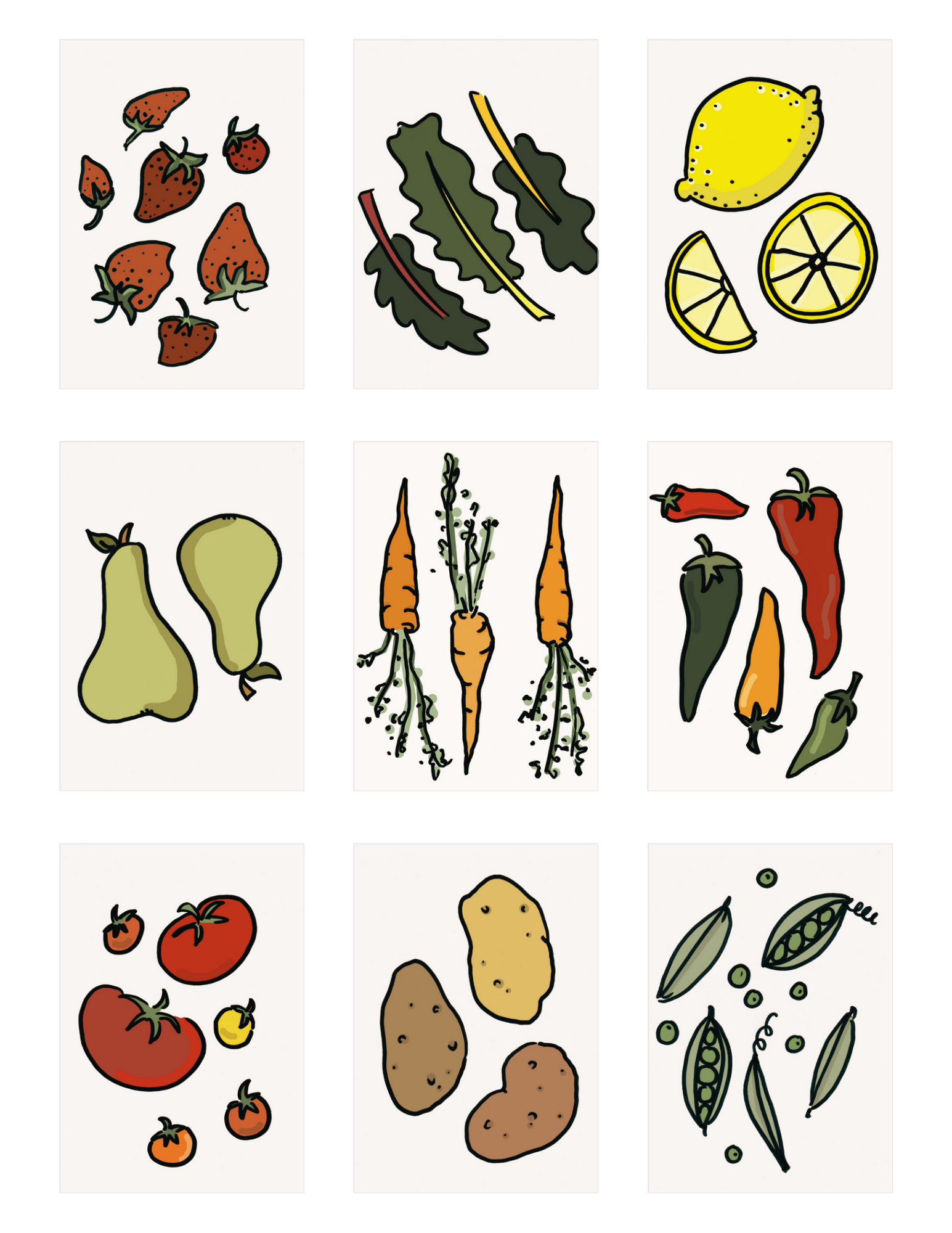 Fruit and Veggie Matching Game Cards for Farmigo, digital illustration, 2016