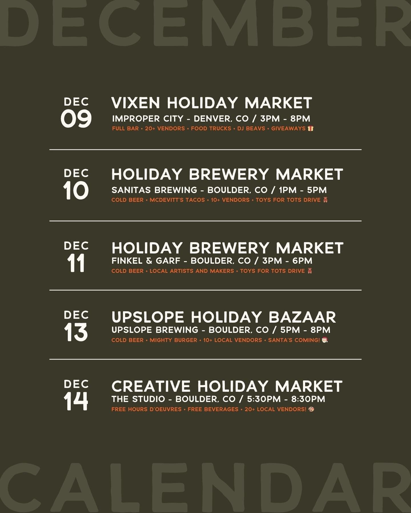 &lsquo;Tis the season for holiday markets! Catch us at these pop-up events over the next week or so. There&rsquo;s no shortage of chances to shop small and local (and have a beer while doing so!) 🍺🎁✨ 

#denvermakers #coloradomaker #coloradoartist #
