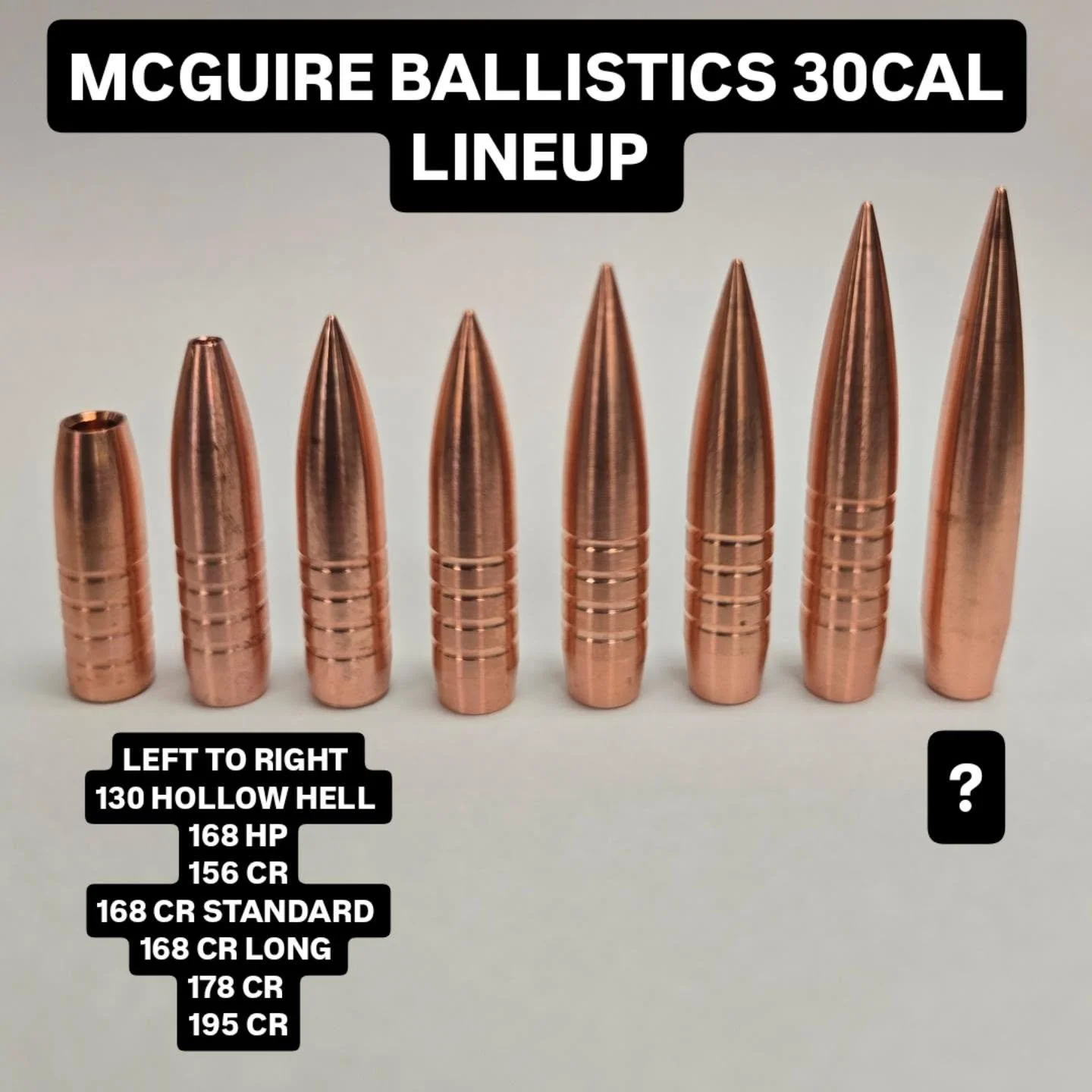 Our most diverse caliber lineup is our 30CAL/.308
Anything from loading our 130GR HOLLOW HELL into lever guns to crushing elk at over a grand with the 195GR CRSF, these will have you covered, and more to come....
mcguireballistics.com 

#mcguireballi