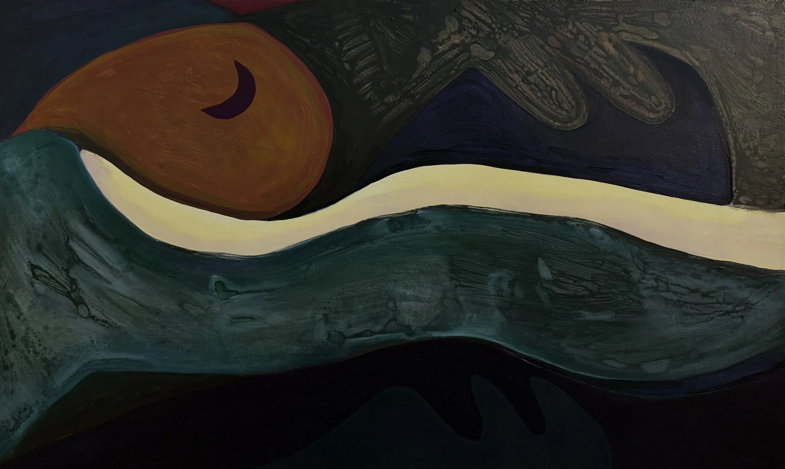 "By the river", oil and acrylic on canvas, 12 x 20 inches, 2026