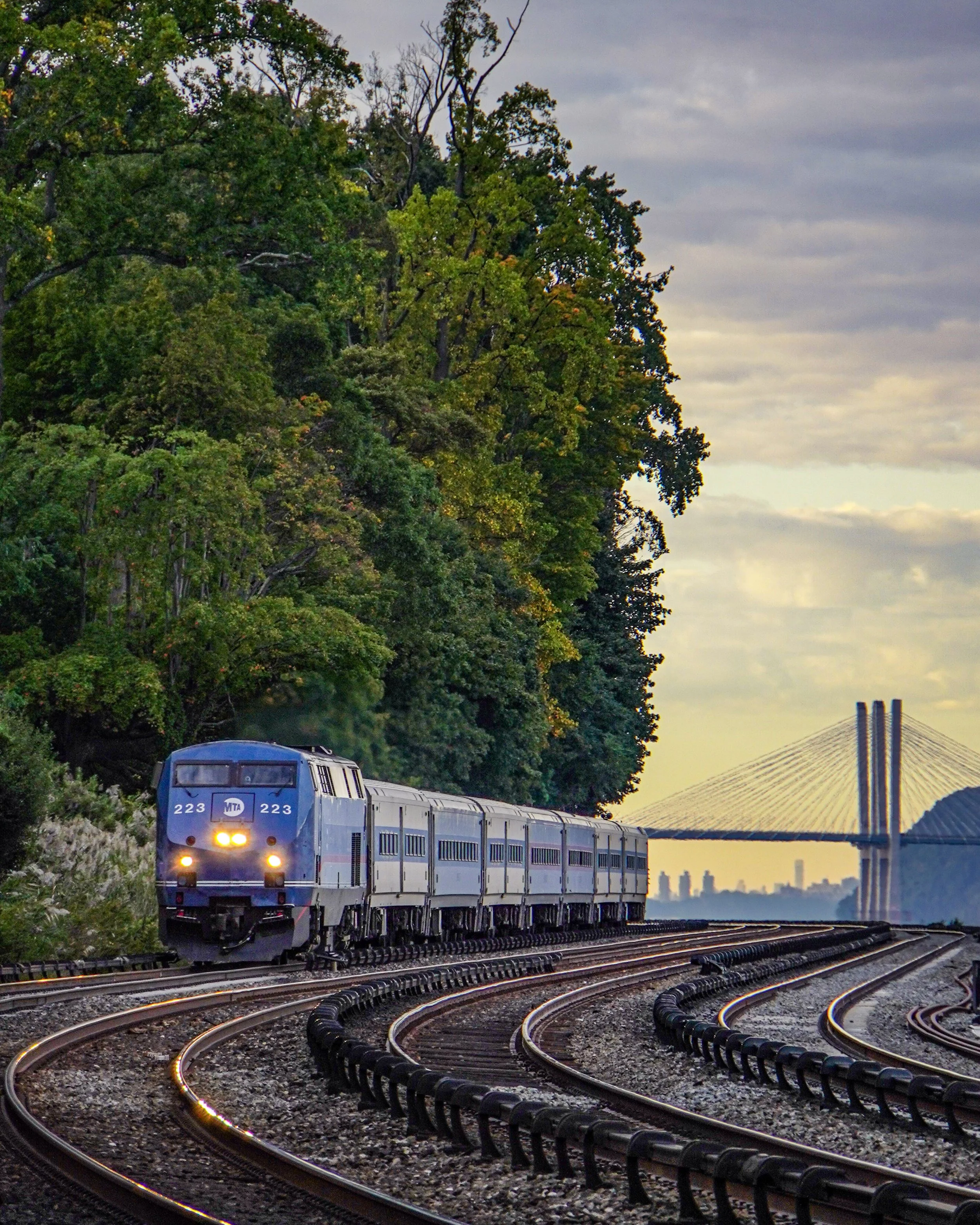 A blue and white train traveling on curved railway tracks near green trees, with a city skyline and a modern bridge in the background during sunset.