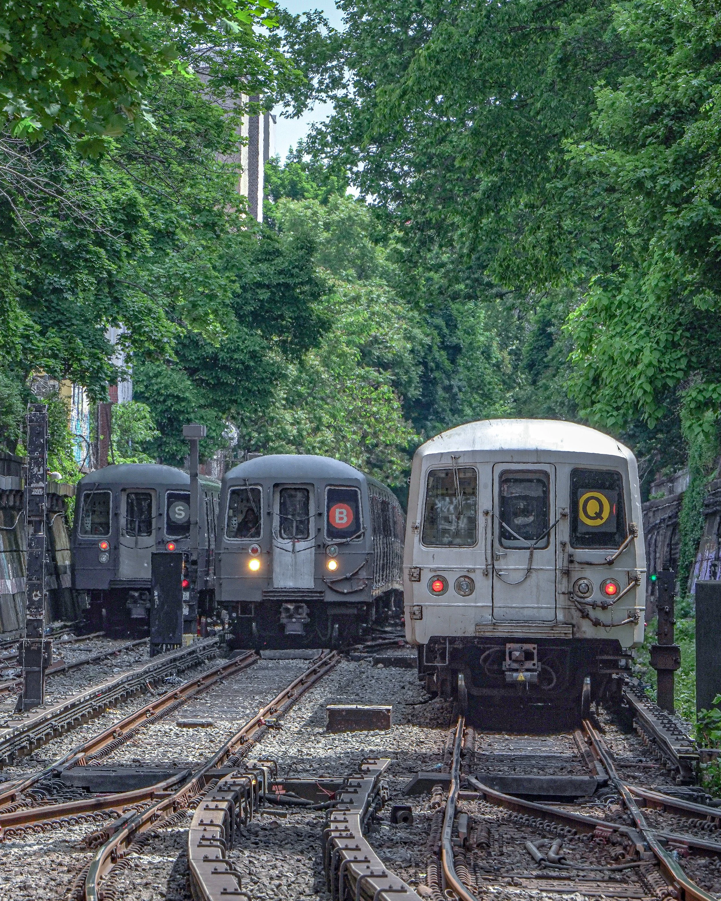 Three subway trains on track in a tunnel surrounded by green trees.